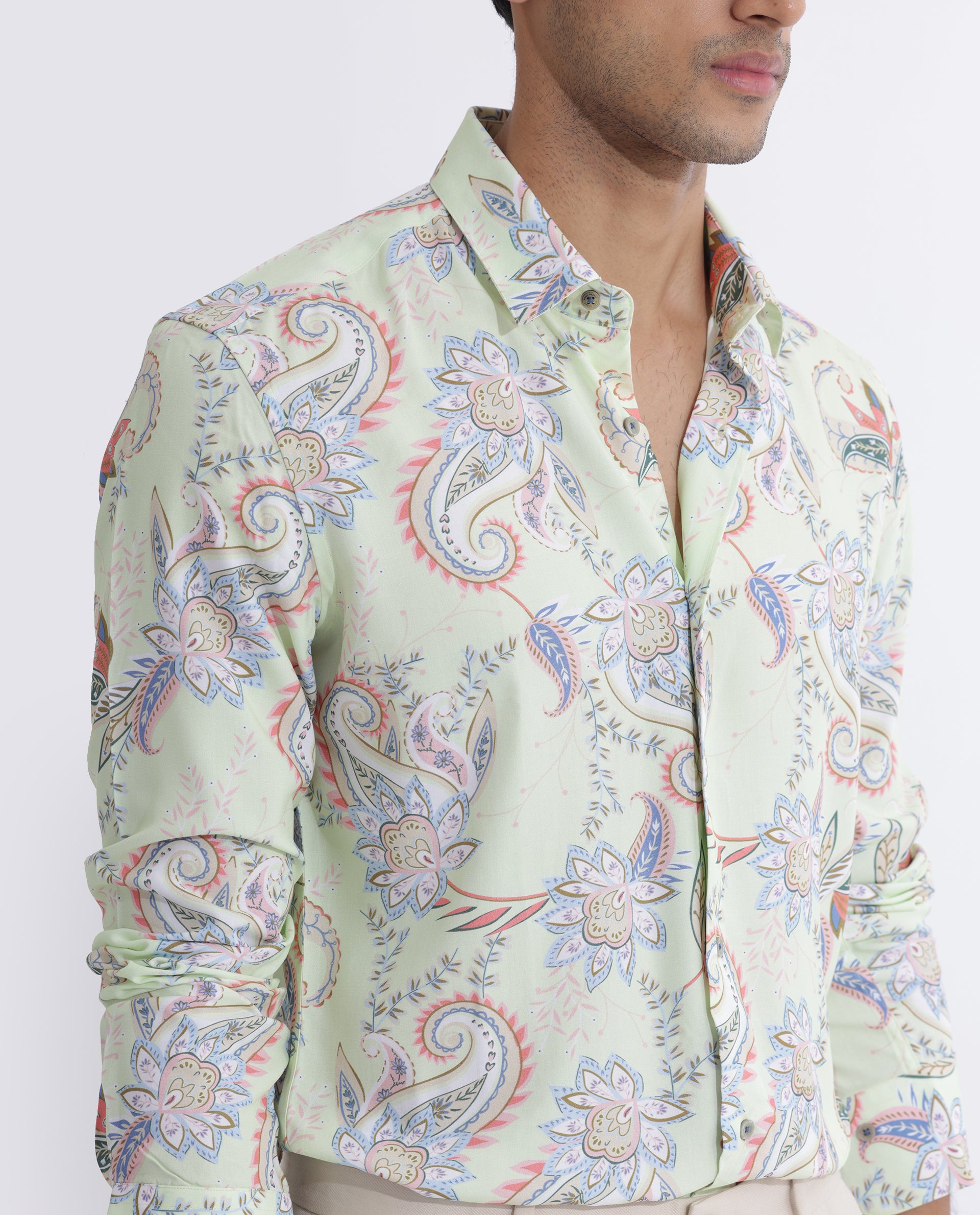 Rare Rabbit Men's Cecilia Green Rayon Linen Fabric Full Sleeves Paisley Print Shirt