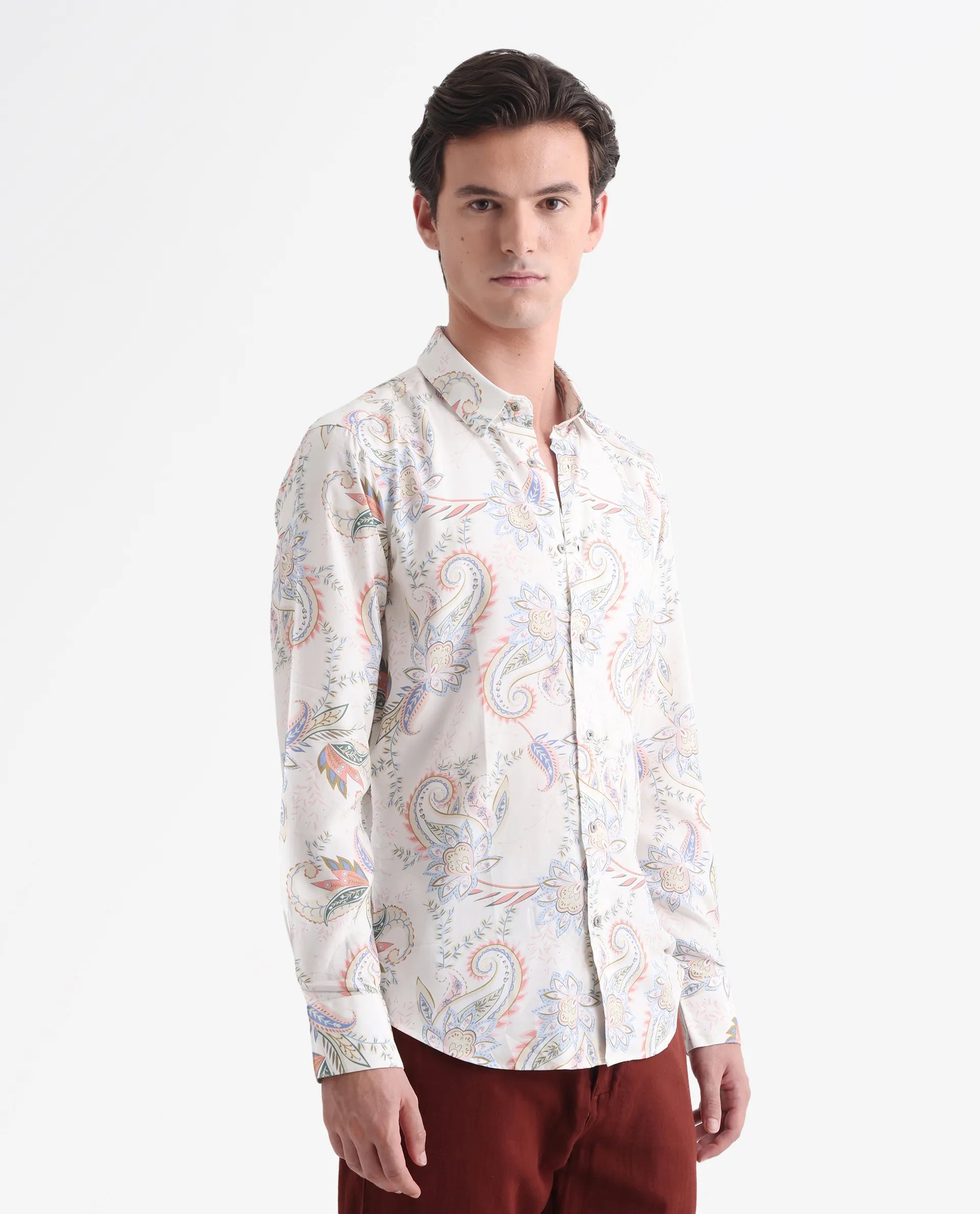 Rare Rabbit Men's Cecilia Off White Viscose Paisley Print Regular Fit Full Sleeve Collared Shirt