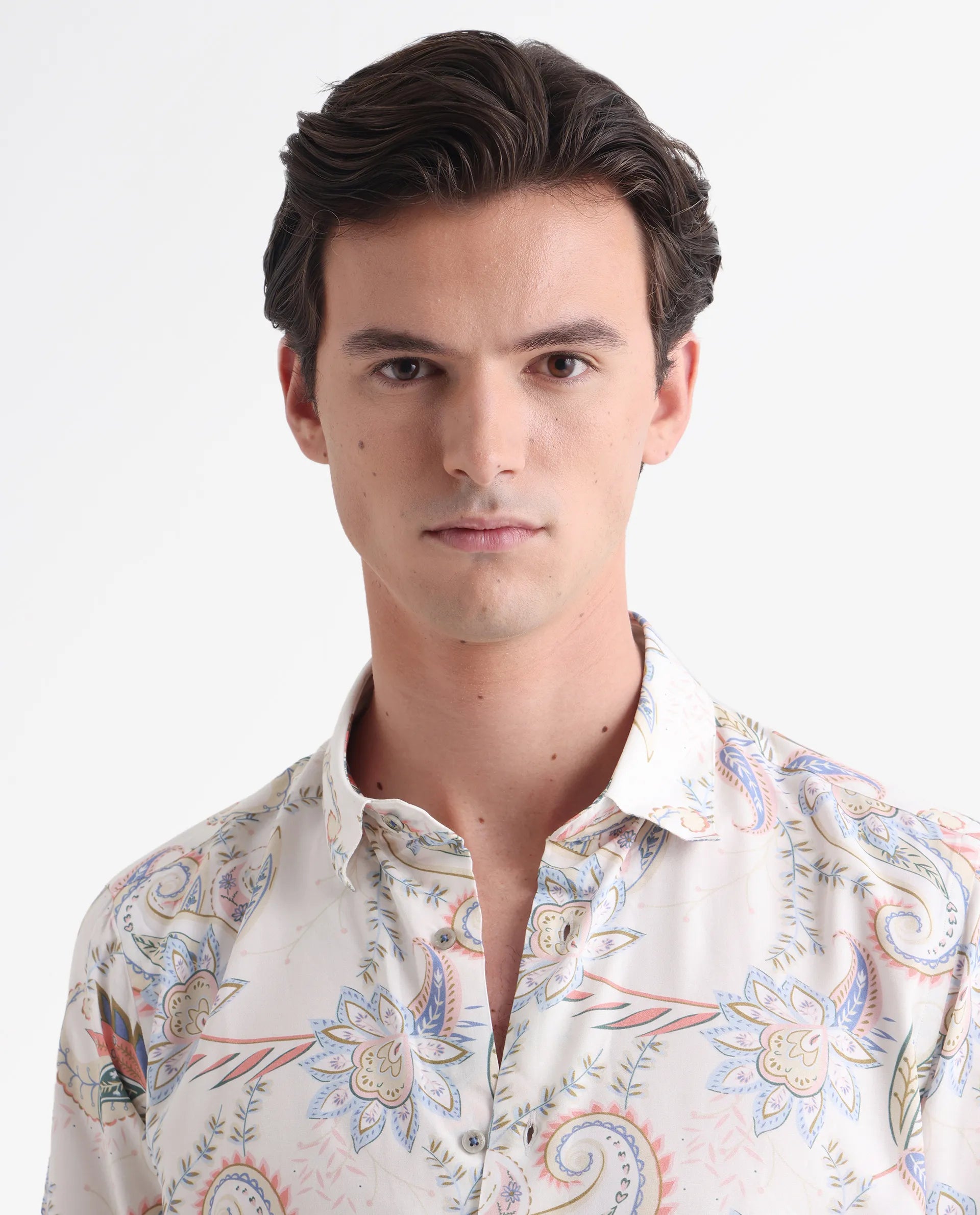 Rare Rabbit Men's Cecilia Off White Viscose Paisley Print Regular Fit Full Sleeve Collared Shirt