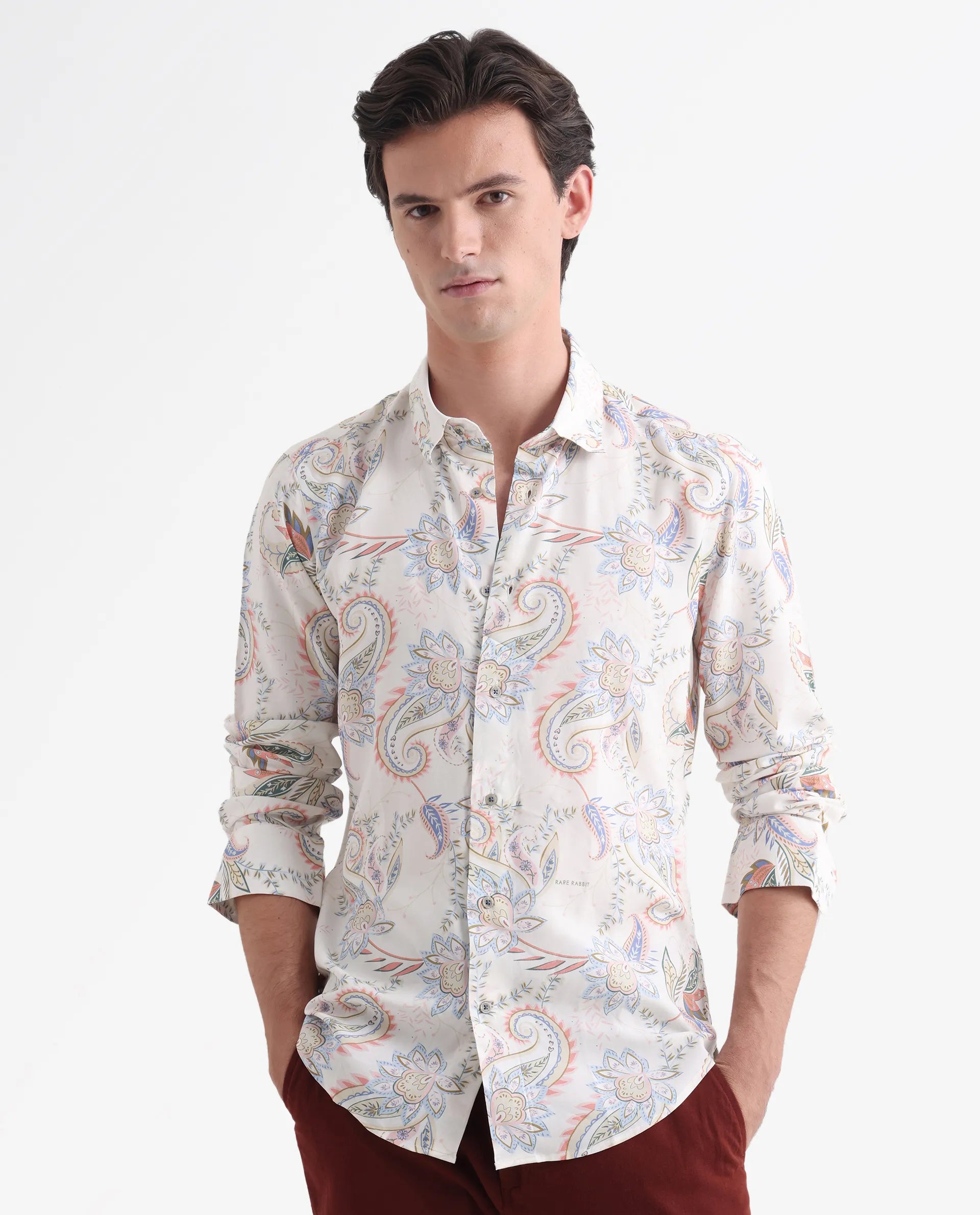 Rare Rabbit Men's Cecilia Off White Viscose Paisley Print Regular Fit Full Sleeve Collared Shirt