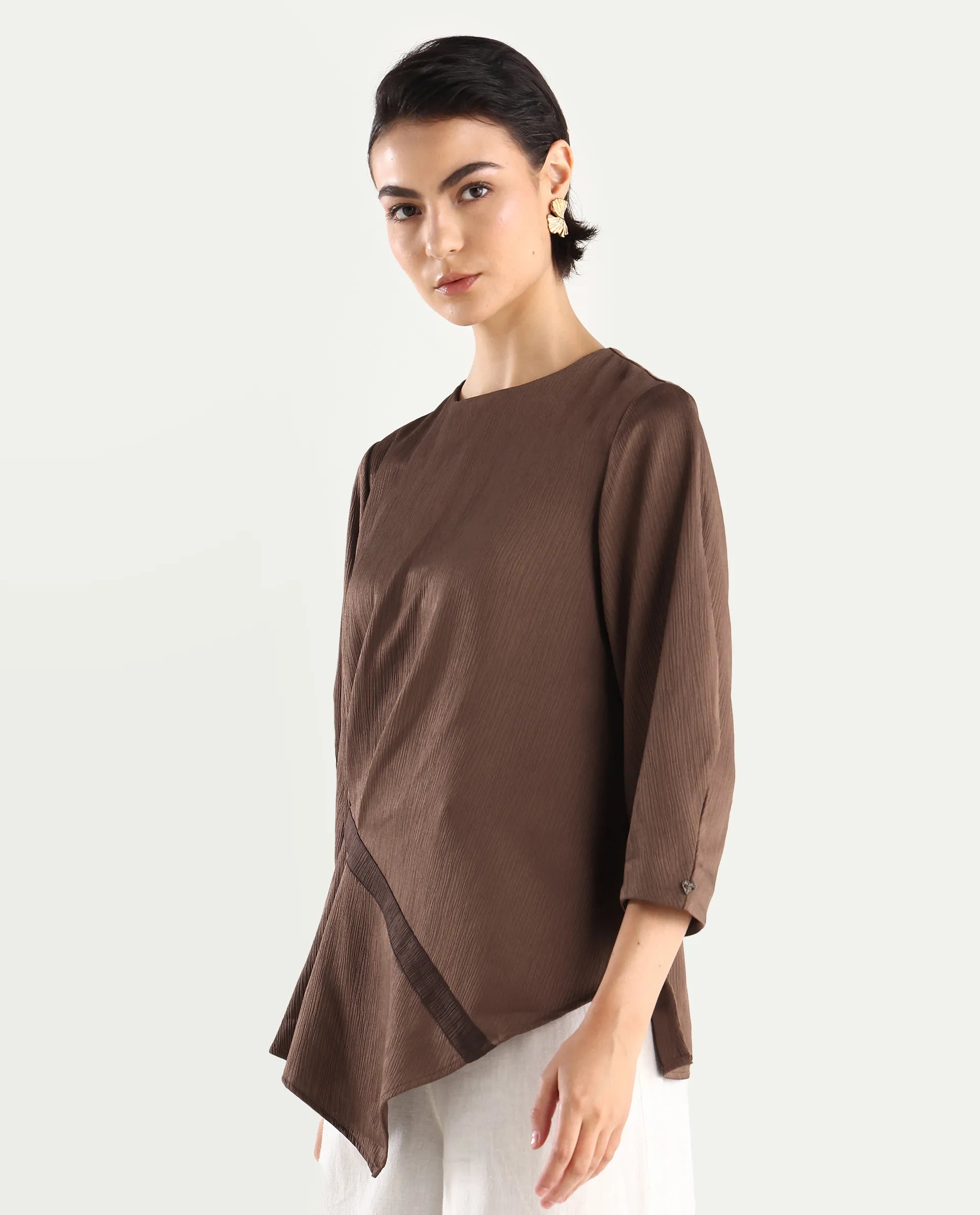 Rareism Women's Ced Brown Polyester Crew Neck Plain Volume Sleeve Regular Fit Top