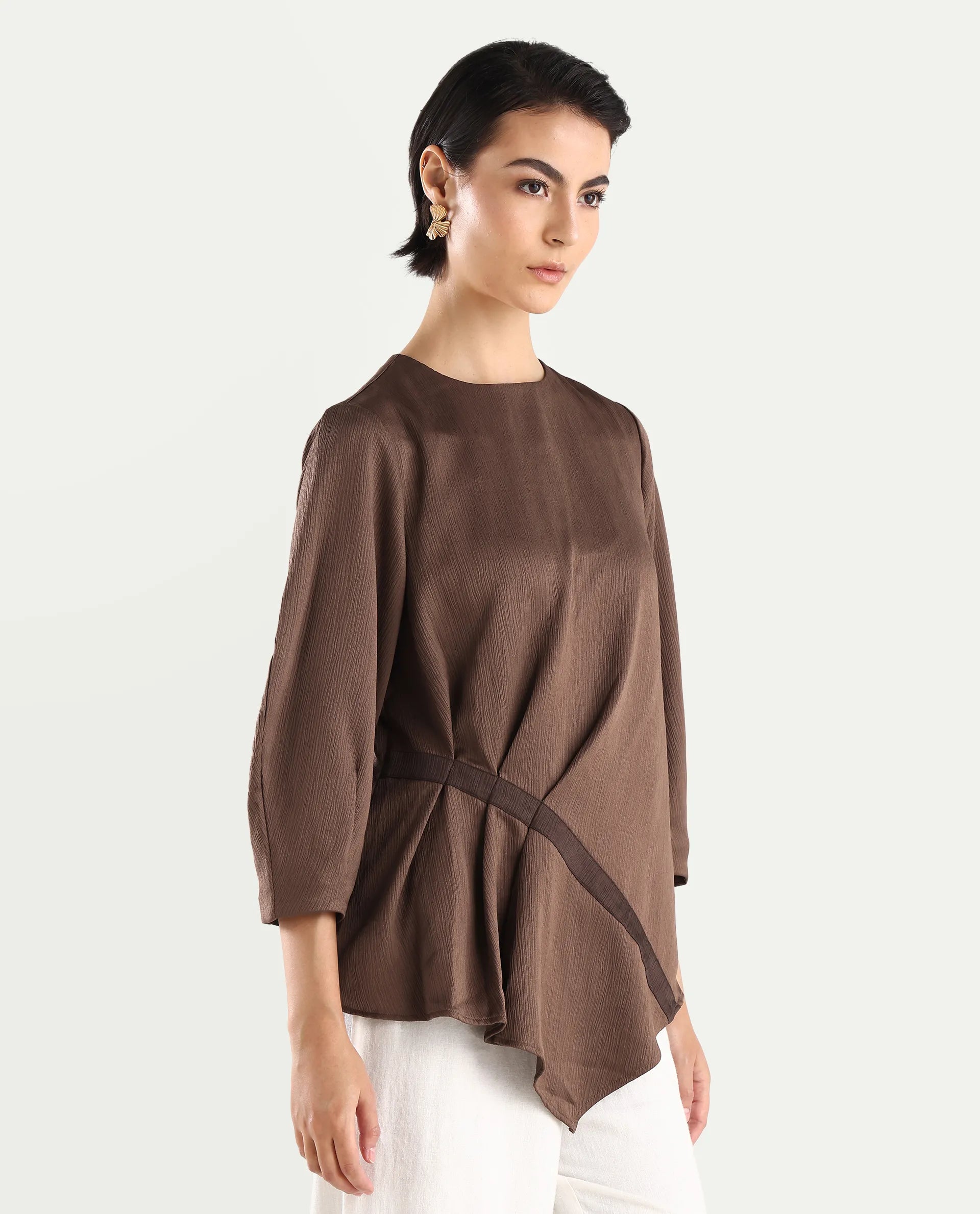 Rareism Women's Ced Brown Polyester Crew Neck Plain Volume Sleeve Regular Fit Top