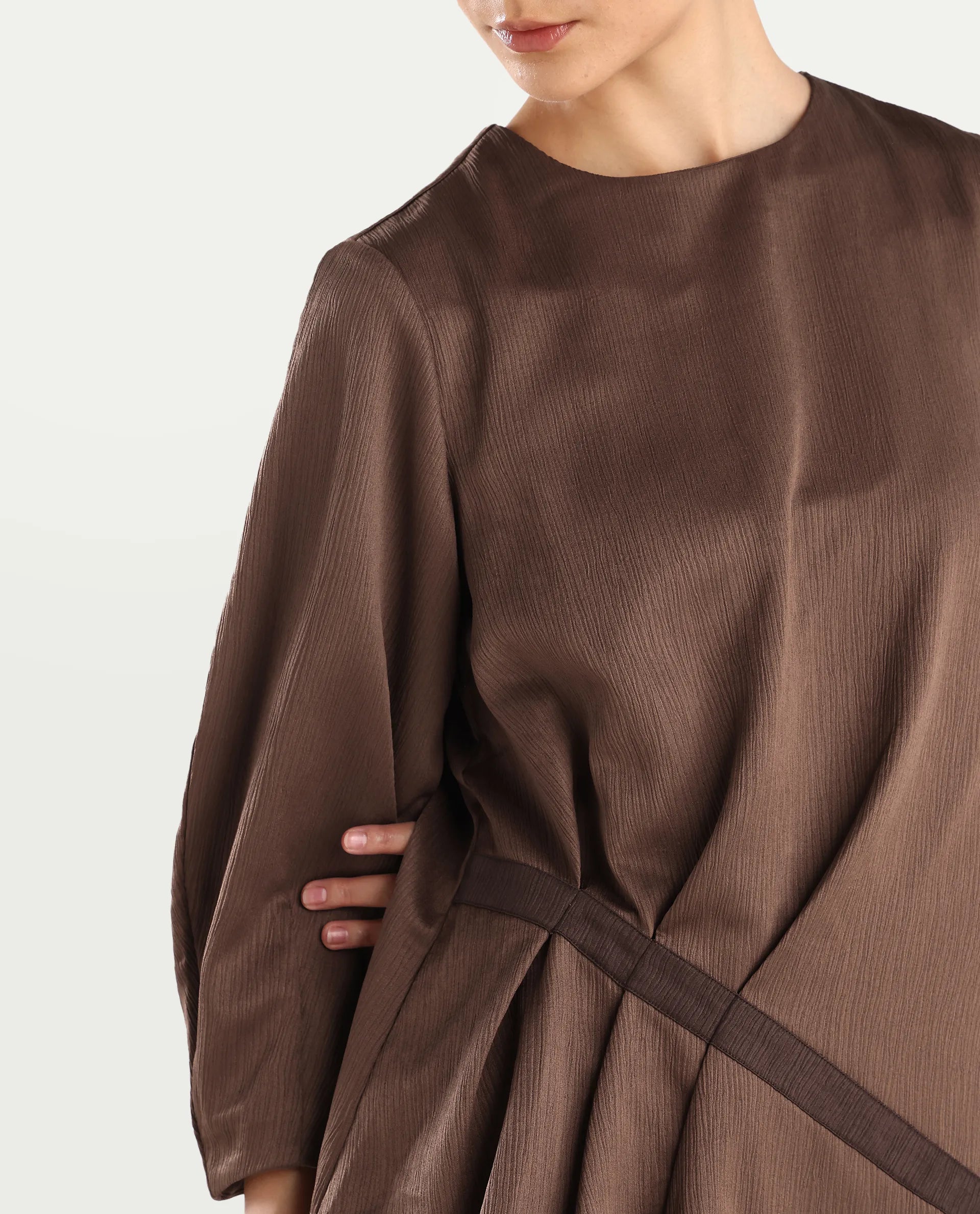 Rareism Women's Ced Brown Polyester Crew Neck Plain Volume Sleeve Regular Fit Top