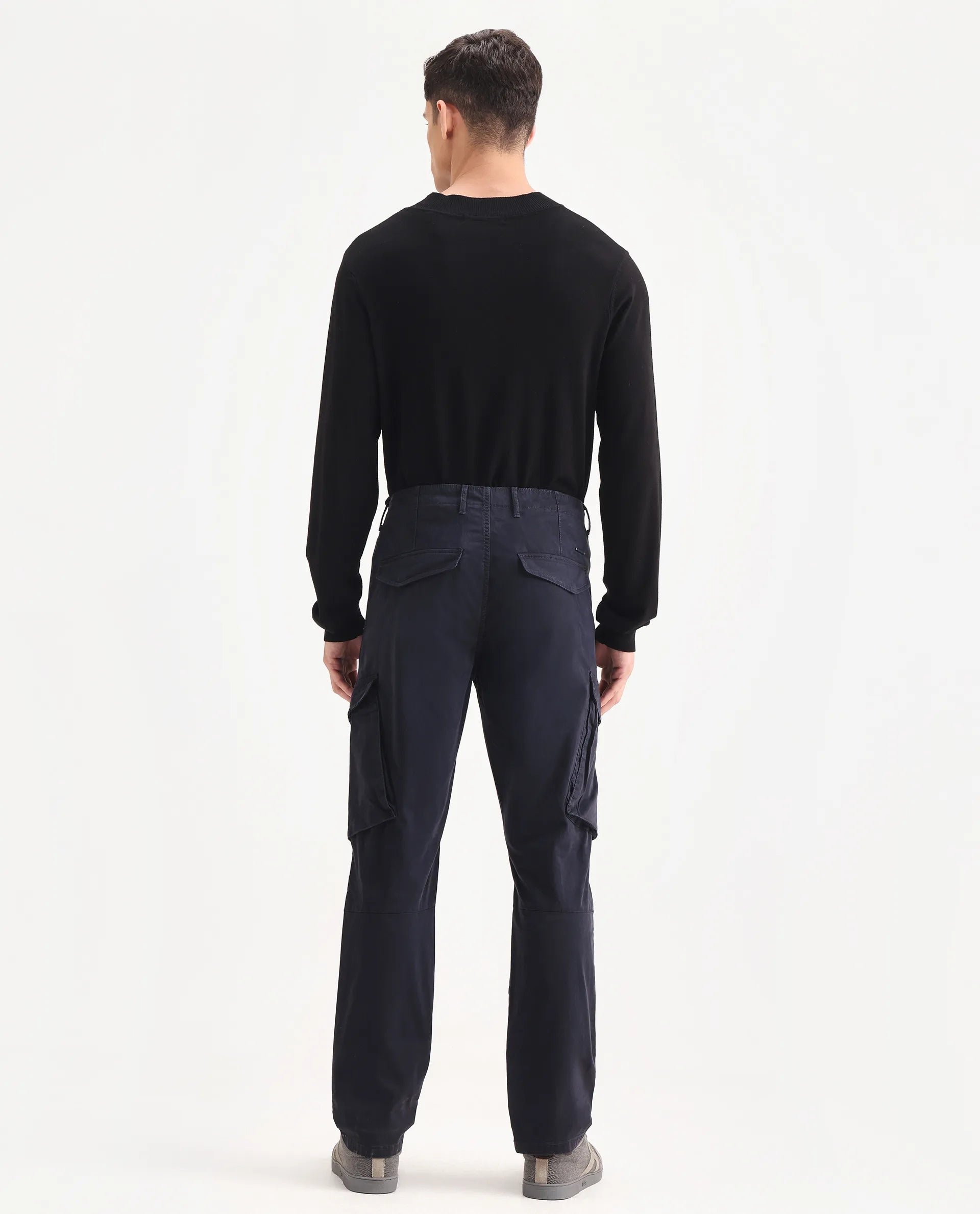 Rare Rabbit Men's Ceder-1 Dark Navy Cotton Blend Plain Regular Fit Trouser