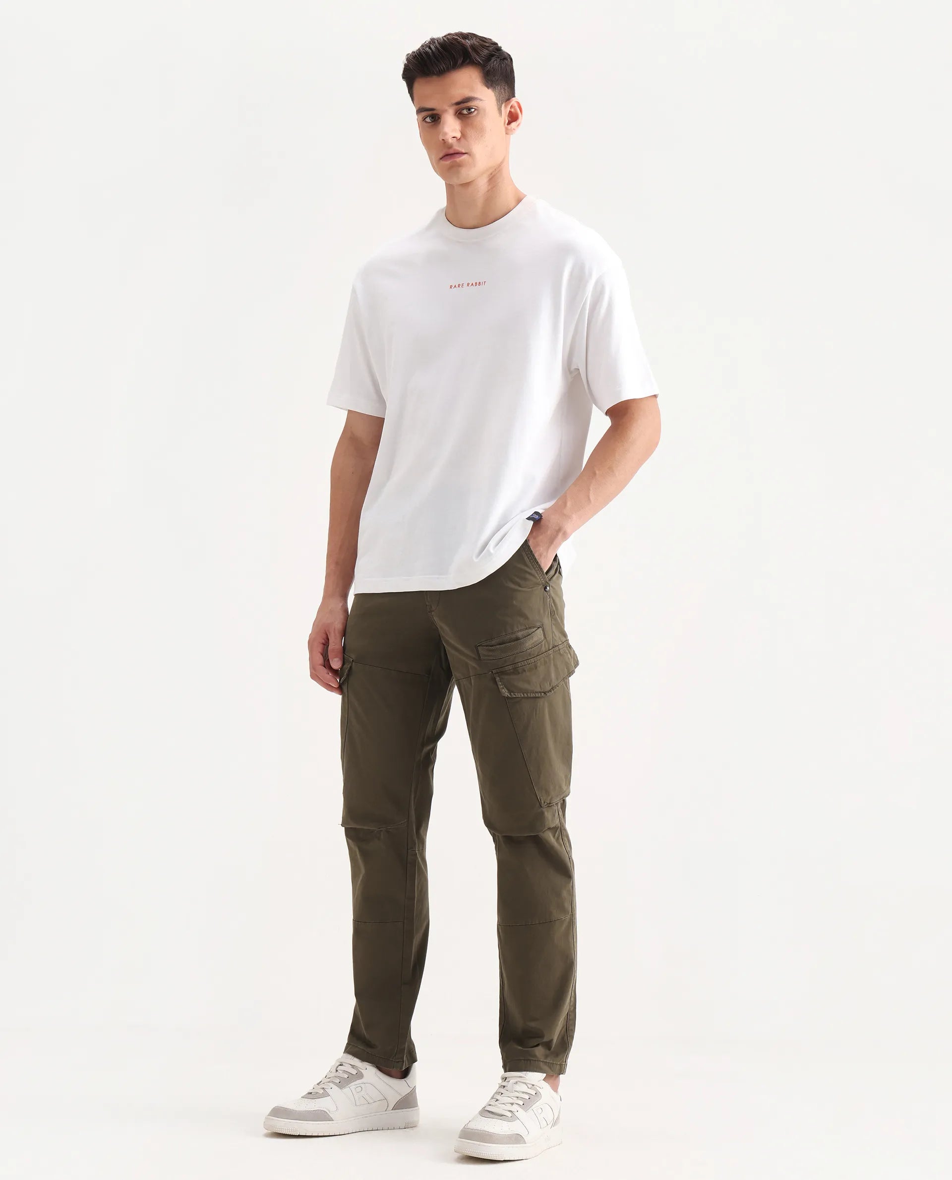 Rare Rabbit Men's Ceder-1 Olive Cotton Blend Plain Regular Fit Trouser