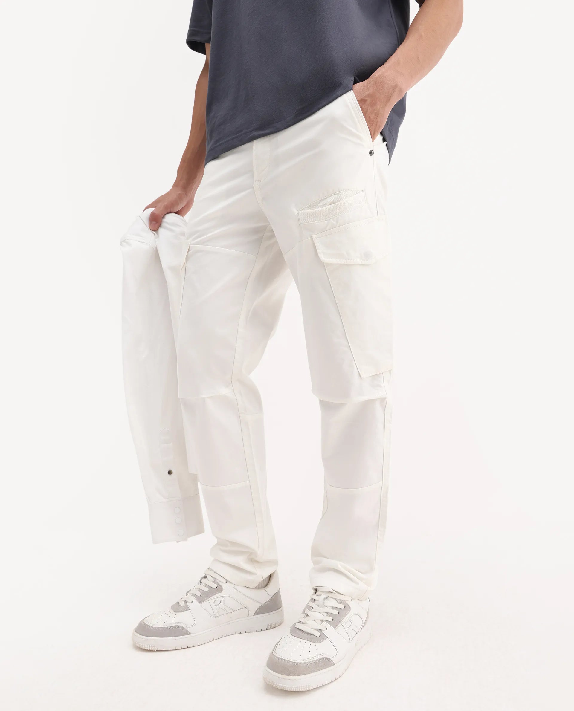 Rare Rabbit Men's Ceder-1 White Cotton Plain Regular Fit Trouser