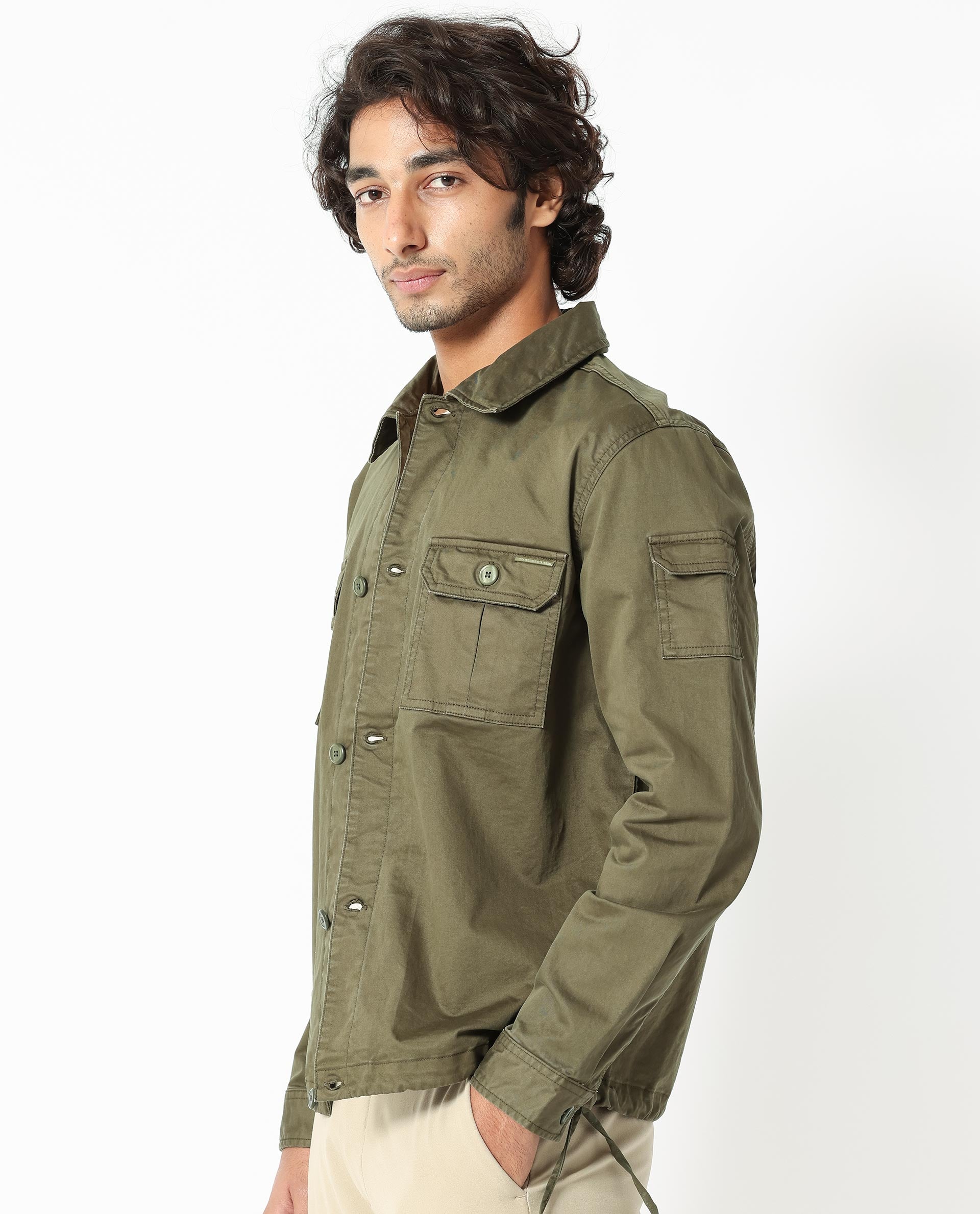 Rare Rabbit Men's Cedro Olive Cotton Lycra Fabric Full Sleeves Dyed Cargo Jacket