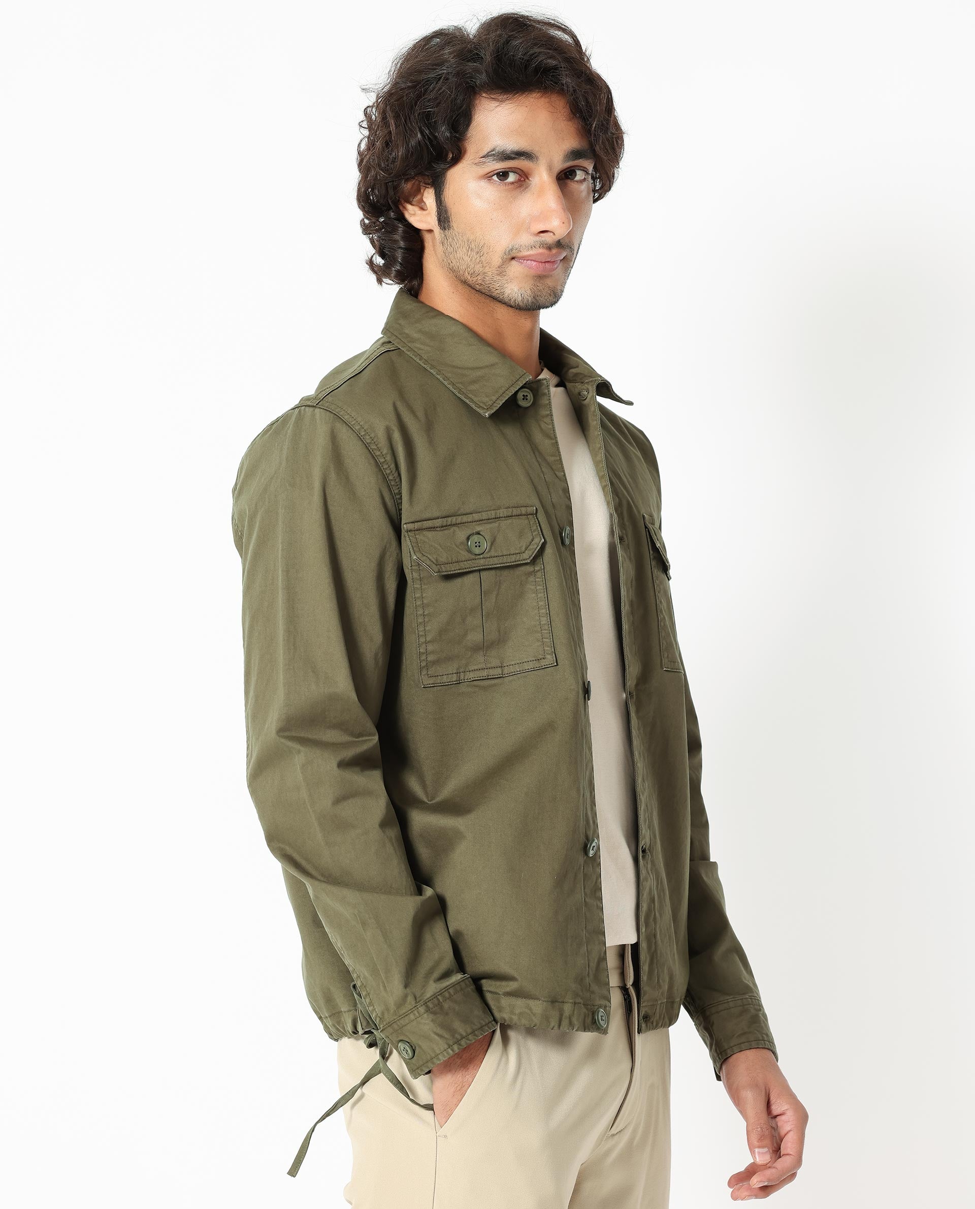 Rare Rabbit Men's Cedro Olive Cotton Lycra Fabric Full Sleeves Dyed Cargo Jacket