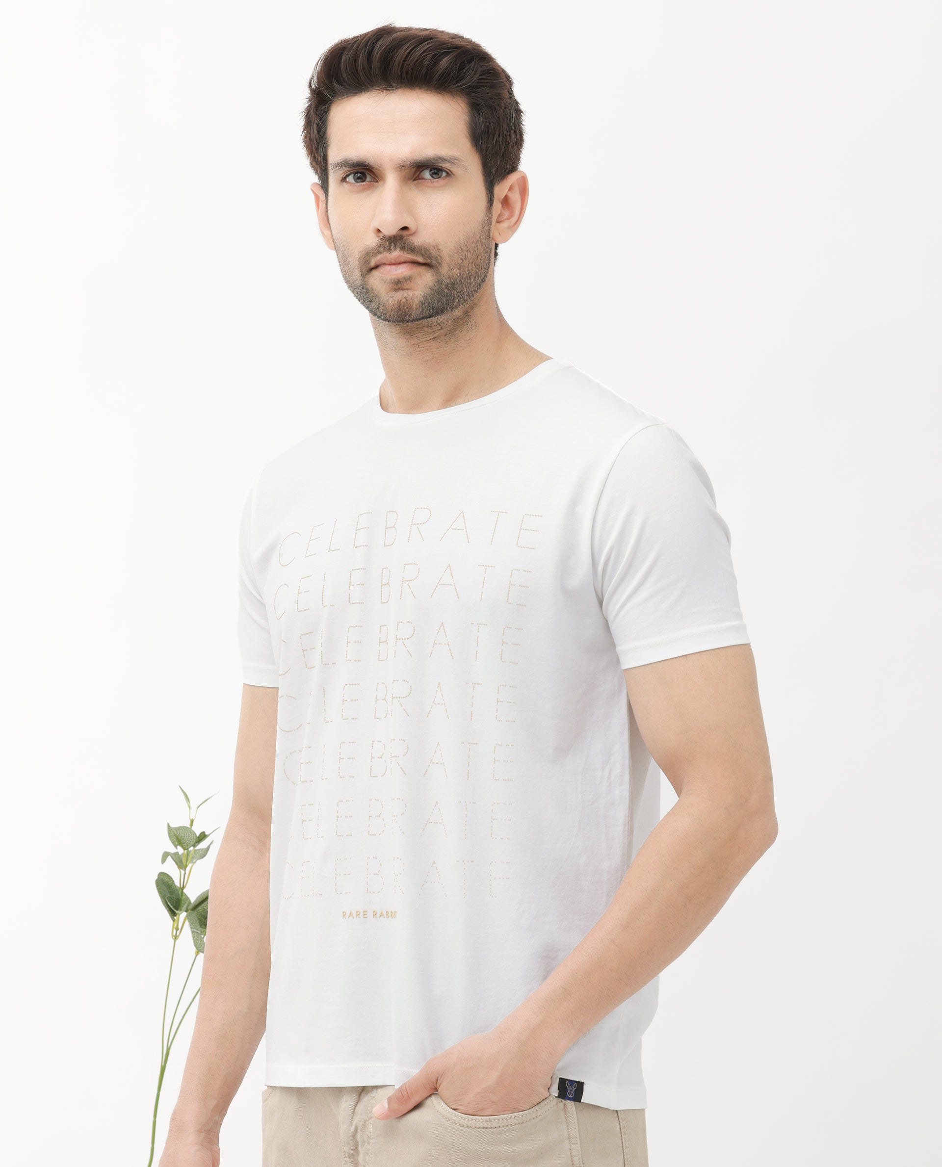 Rare Rabbit Articale Men's Celebrate-1 White Crew Neck Regular Fit Knit Typography Print T-Shirt