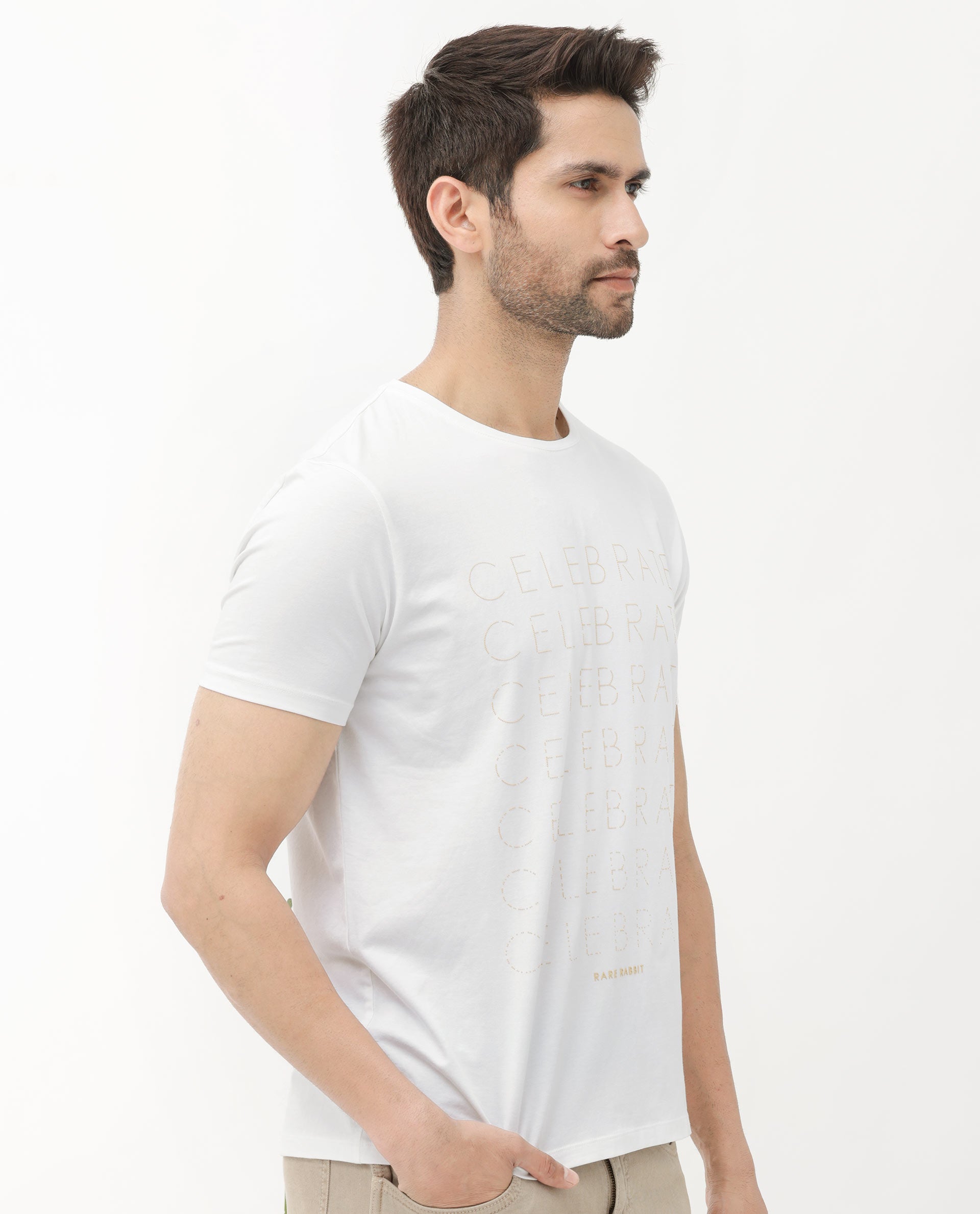 Rare Rabbit Articale Men's Celebrate-1 White Crew Neck Regular Fit Knit Typography Print T-Shirt