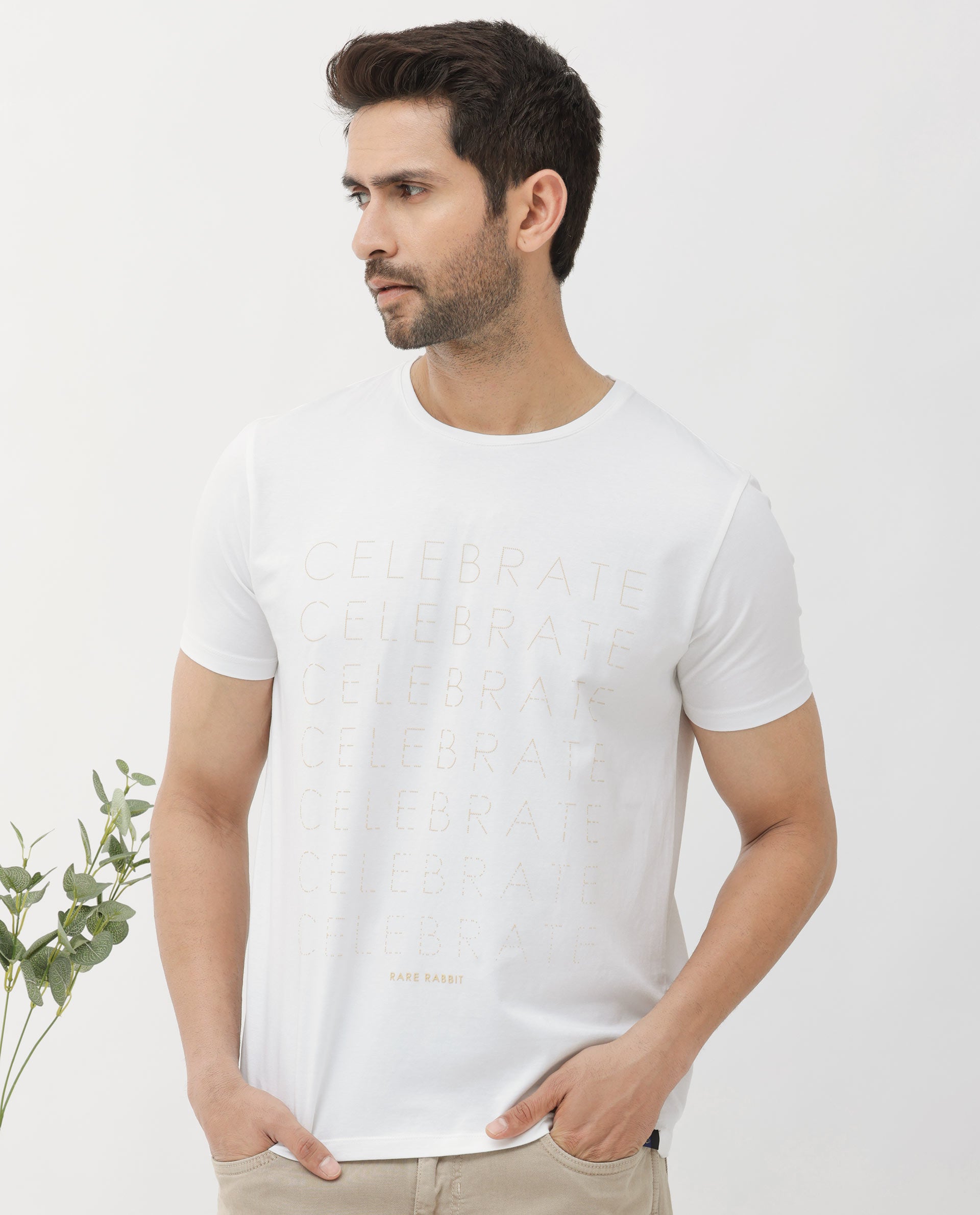 Rare Rabbit Articale Men's Celebrate-1 White Crew Neck Regular Fit Knit Typography Print T-Shirt
