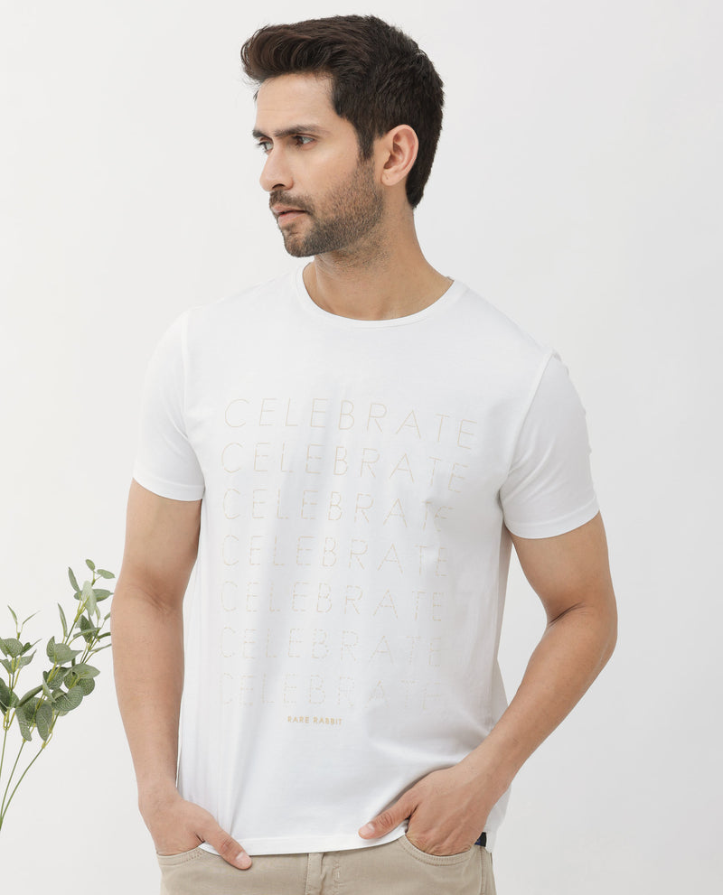 Rare Rabbit Articale Men's Celebrate-1 White Crew Neck Relaxed Fit Knit Typography Print T-Shirt