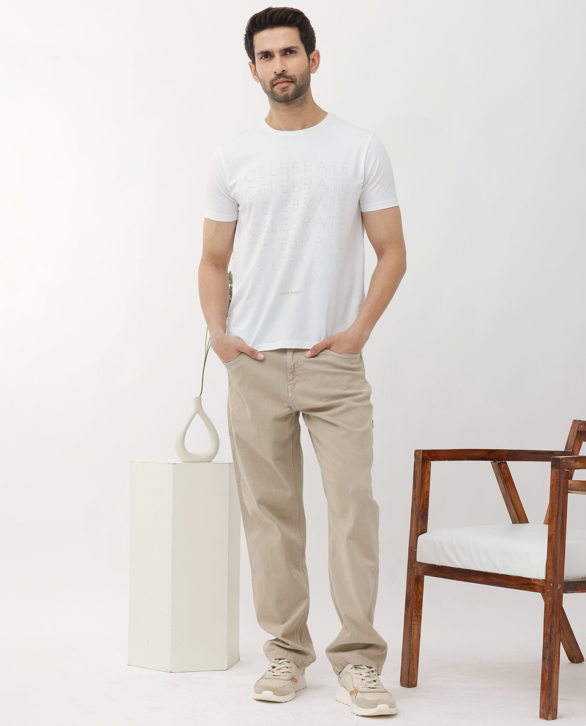 Rare Rabbit Articale Men's Celebrate-1 White Crew Neck Regular Fit Knit Typography Print T-Shirt