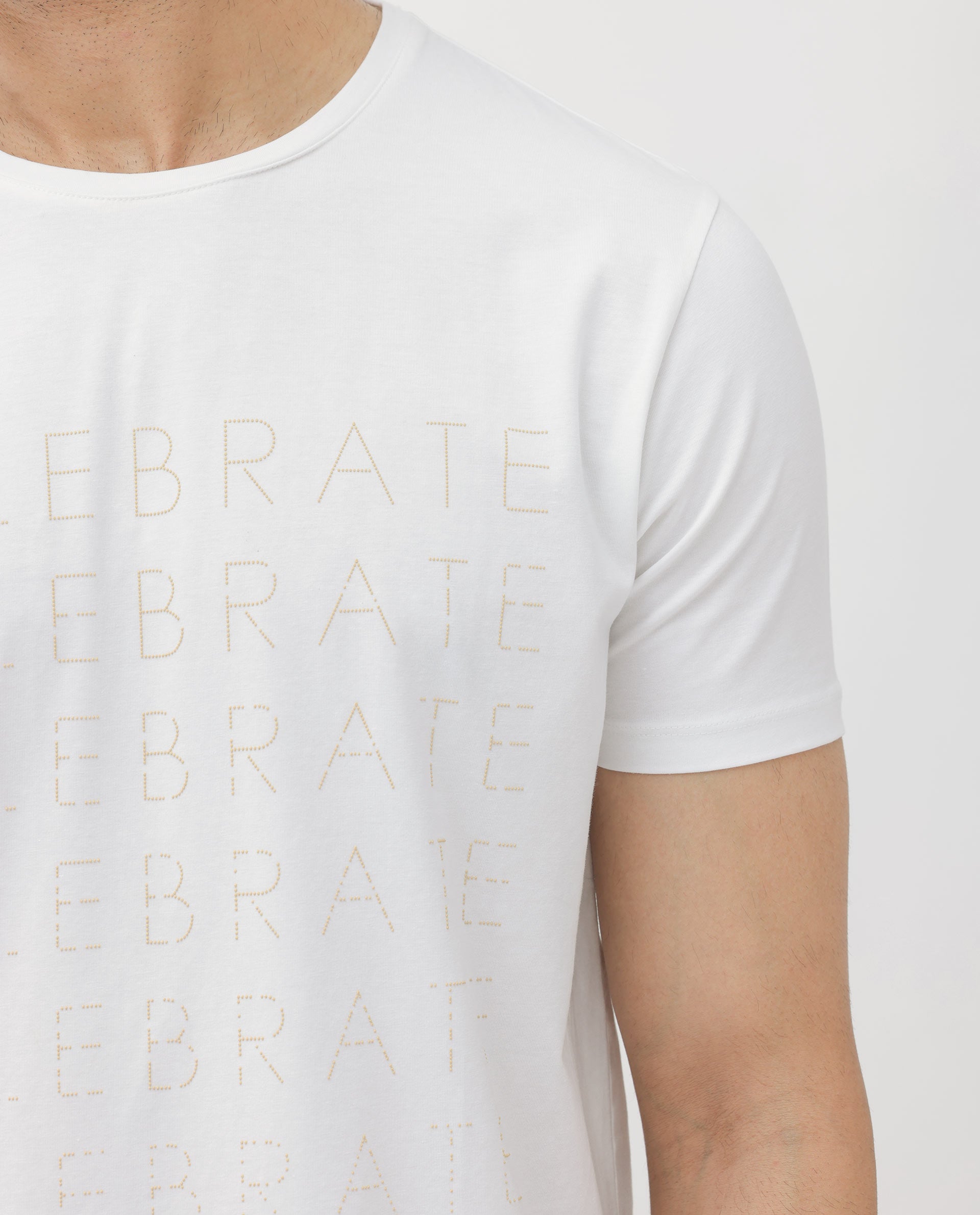 Rare Rabbit Articale Men's Celebrate-1 White Crew Neck Regular Fit Knit Typography Print T-Shirt
