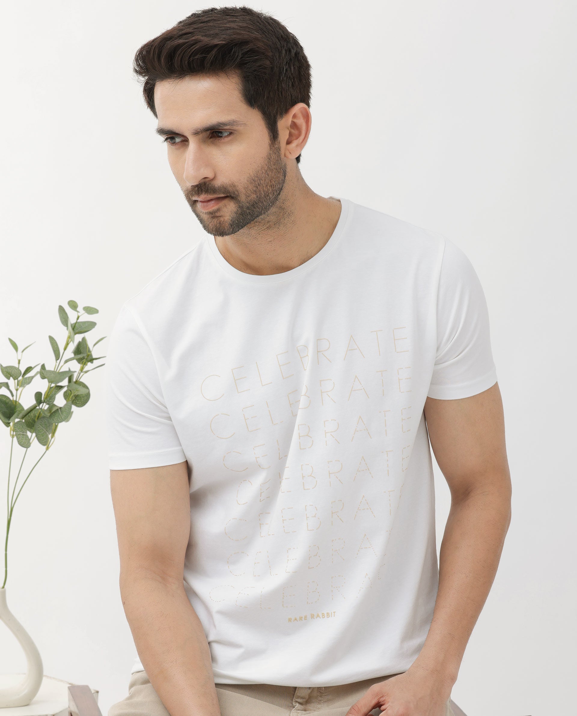 Rare Rabbit Articale Men's Celebrate-1 White Crew Neck Regular Fit Knit Typography Print T-Shirt