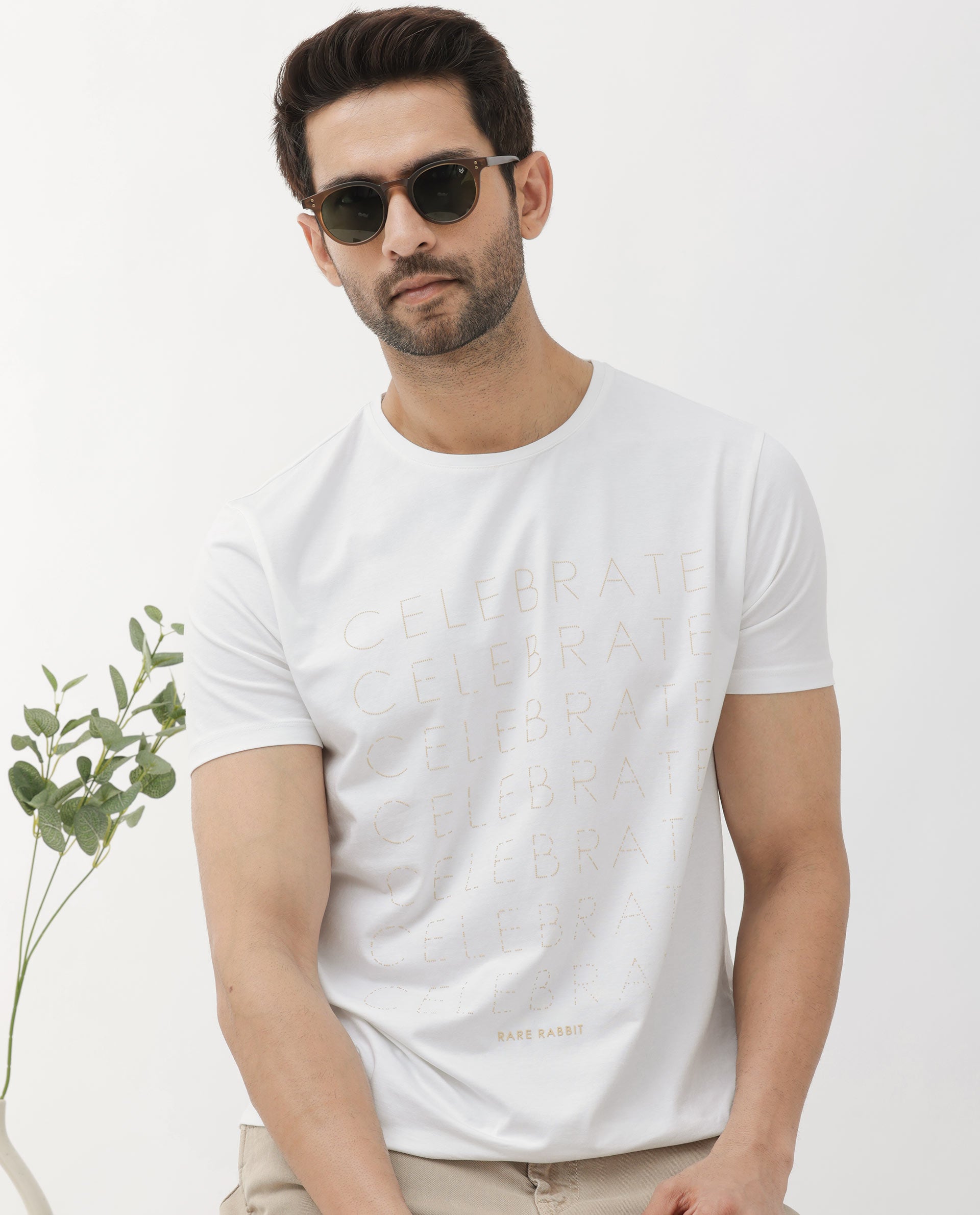 Rare Rabbit Articale Men's Celebrate-1 White Crew Neck Regular Fit Knit Typography Print T-Shirt