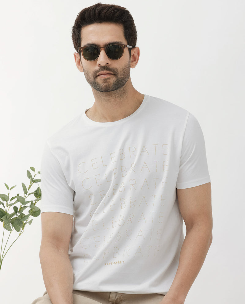 Rare Rabbit Articale Men's Celebrate-1 White Crew Neck Relaxed Fit Knit Typography Print T-Shirt