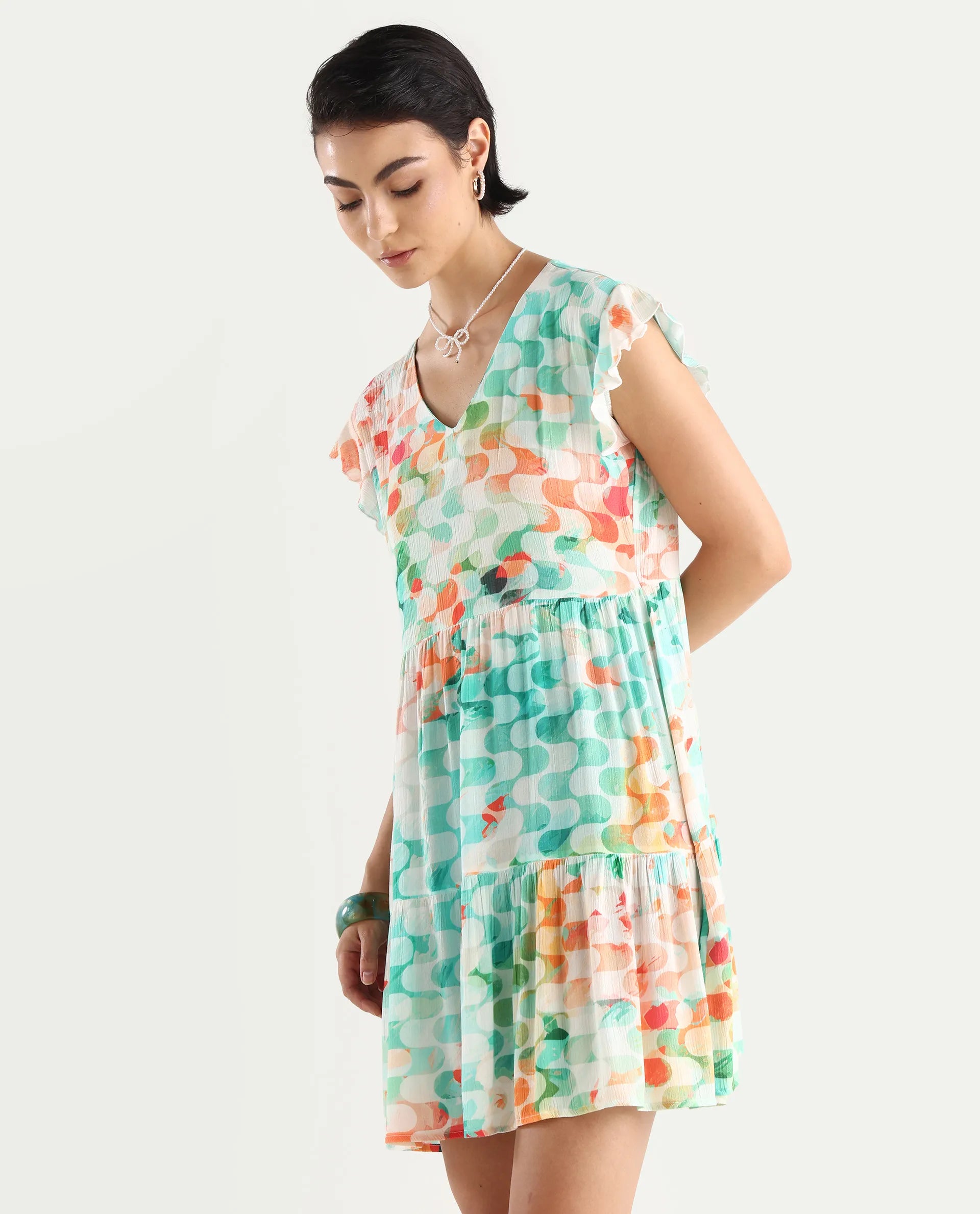 Rareism Women's Celentie Flouroscent Multi V-Neck Geometric Print Ruffled Sleeve Mini Fit And Flare Dress