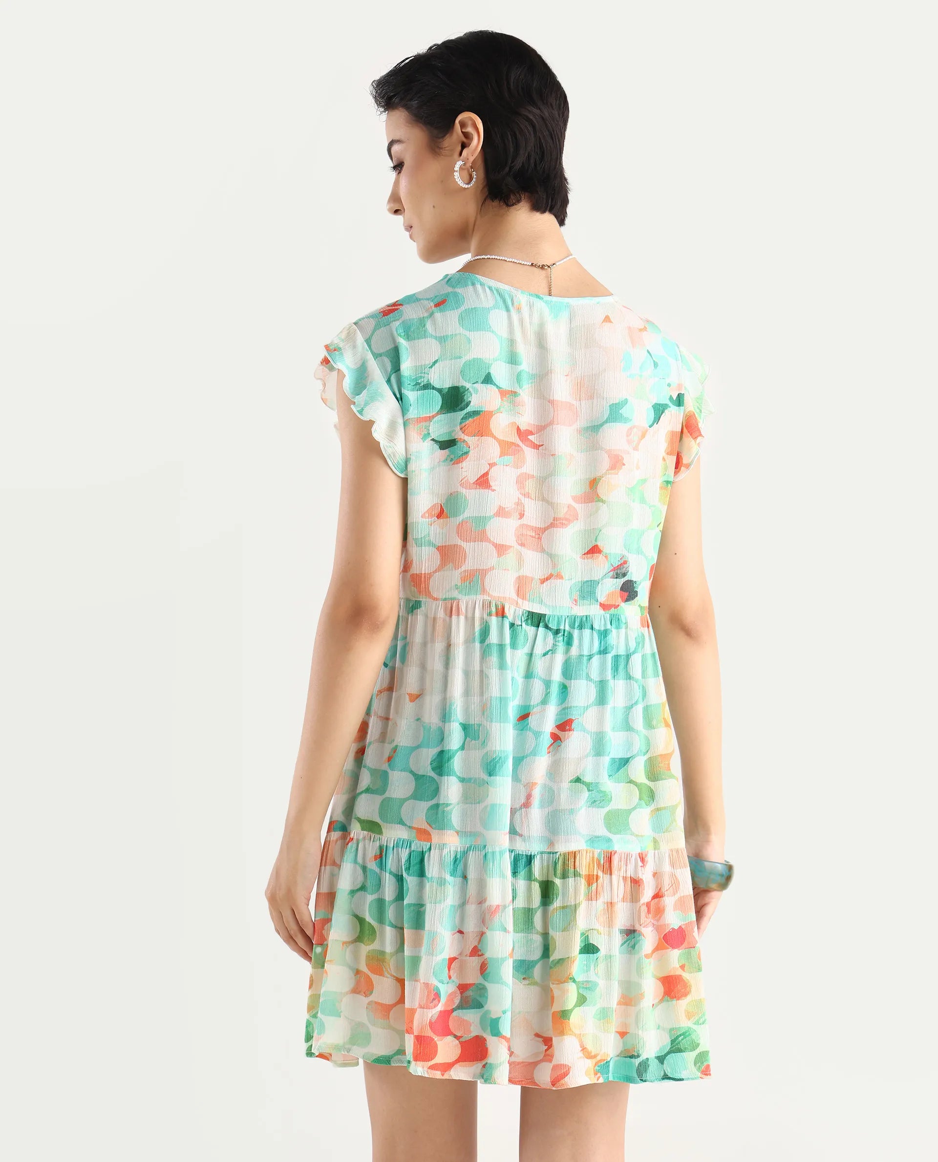 Rareism Women's Celentie Flouroscent Multi V-Neck Geometric Print Ruffled Sleeve Mini Fit And Flare Dress