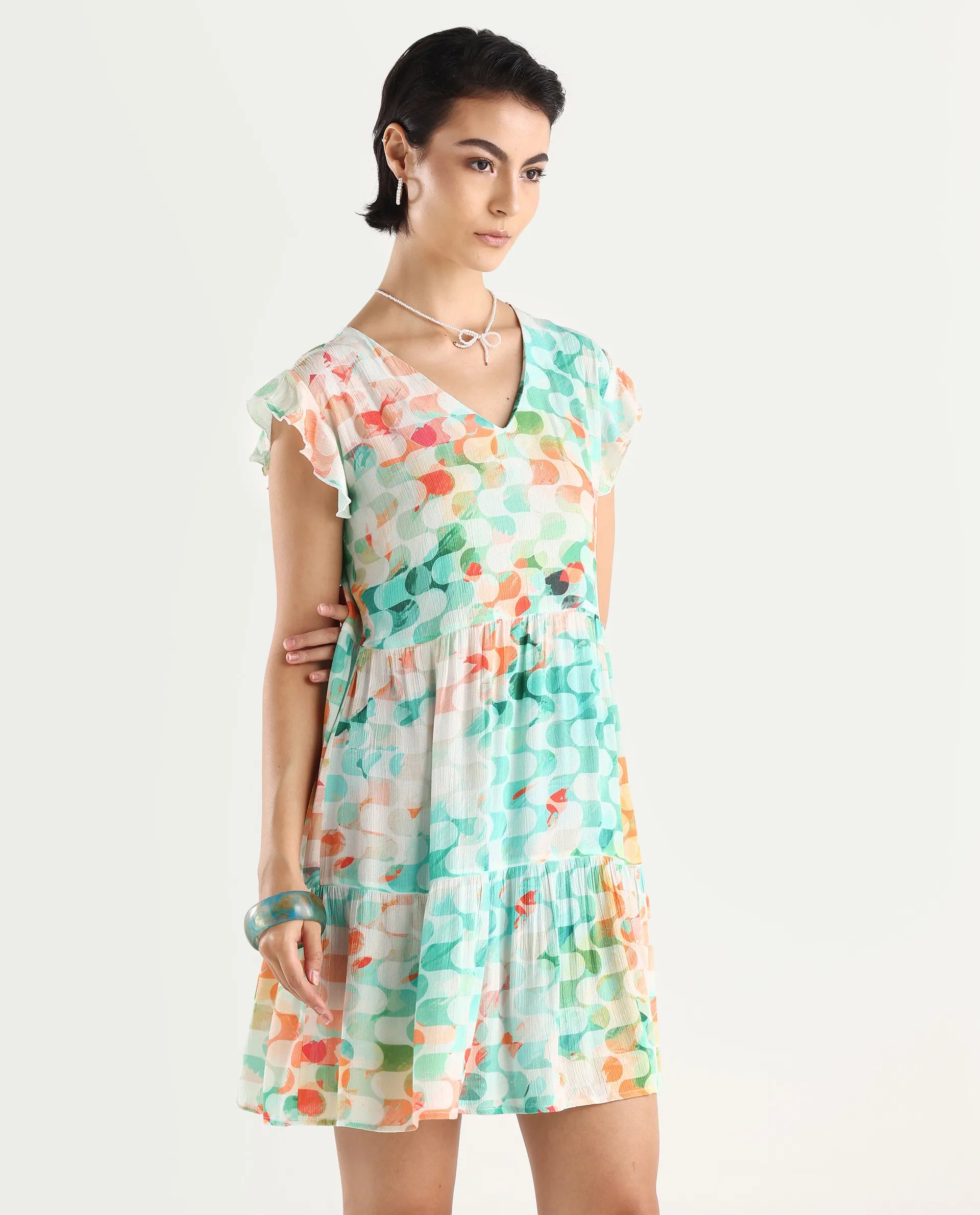 Rareism Women's Celentie Flouroscent Multi V-Neck Geometric Print Ruffled Sleeve Mini Fit And Flare Dress