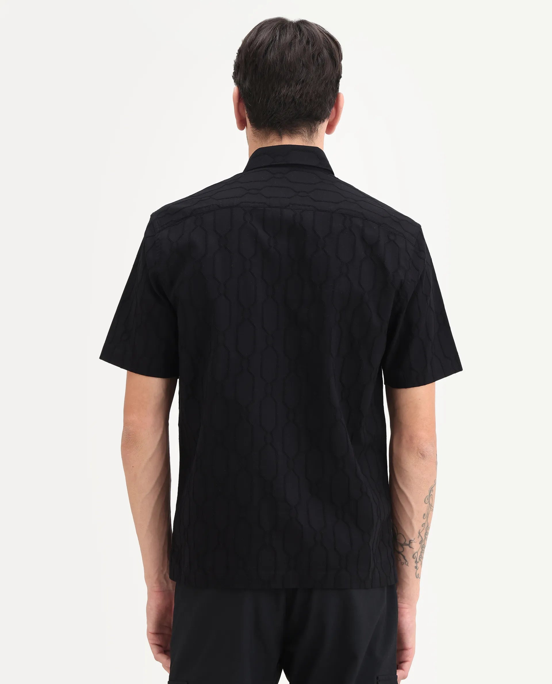 Rare Rabbit Men's Celle Black Cotton Blend Fabric Half Sleeve Spread Collar Regular Fit Shirt