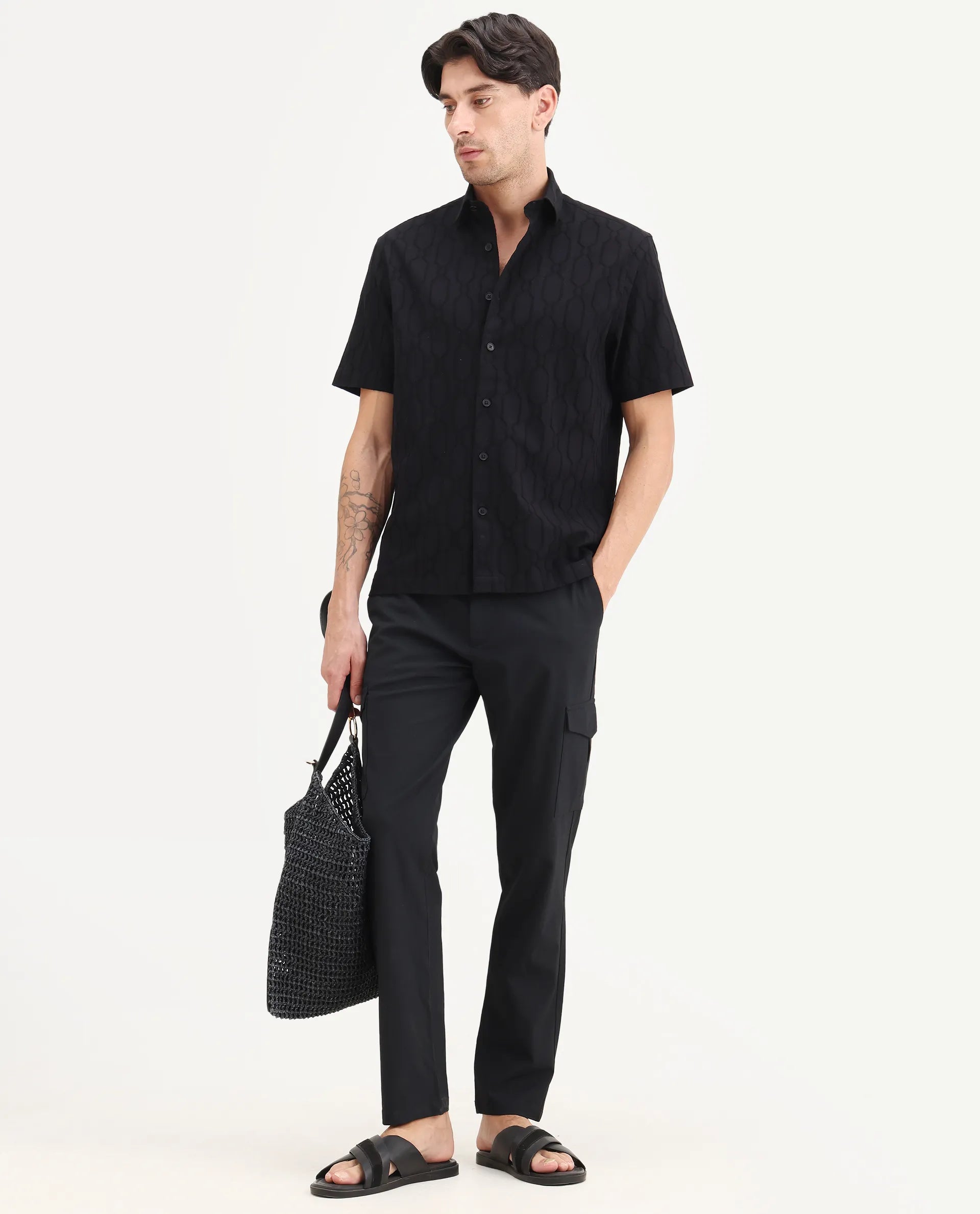 Rare Rabbit Men's Celle Black Cotton Blend Fabric Half Sleeve Spread Collar Regular Fit Shirt