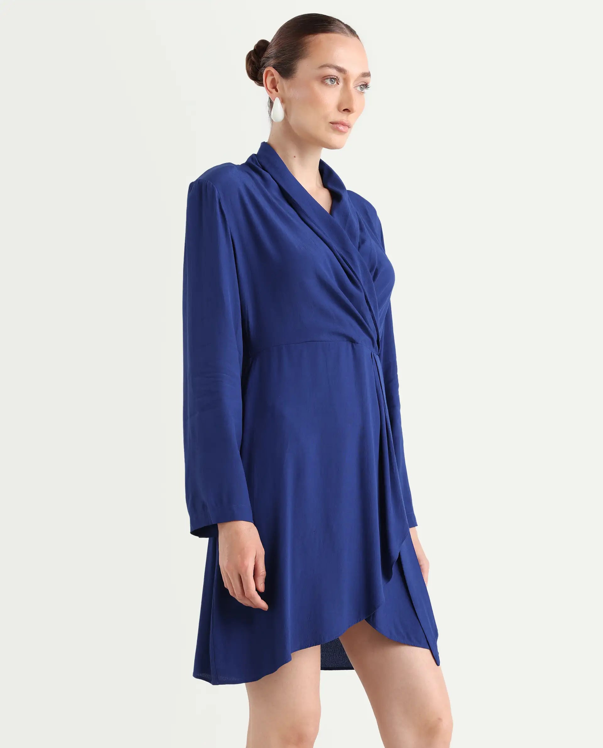 Rareism Women's Celler Flouroscent Blue Rayon Lapel Neck Plain Mini Wrap Dress
