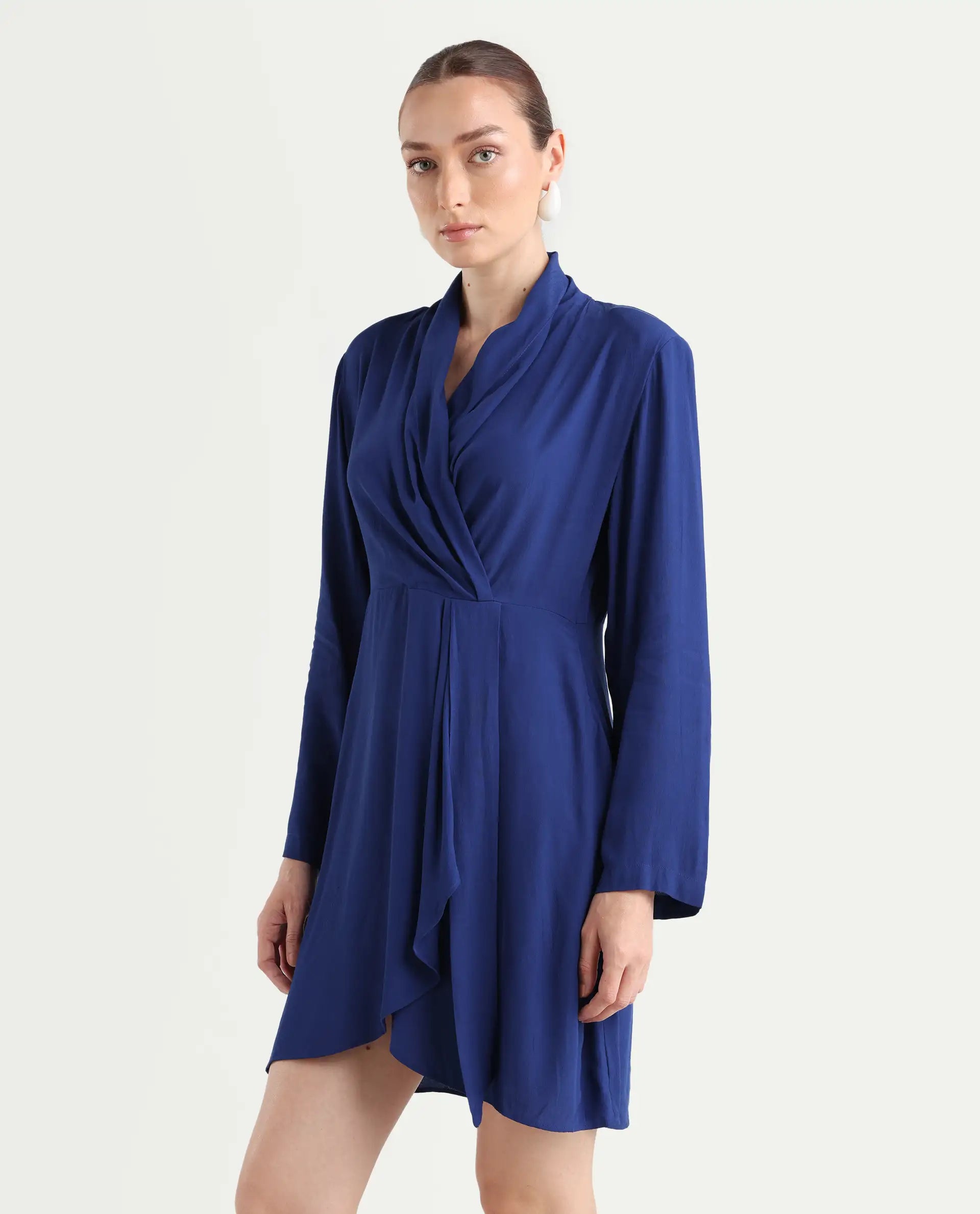 Rareism Women's Celler Flouroscent Blue Rayon Lapel Neck Plain Mini Wrap Dress