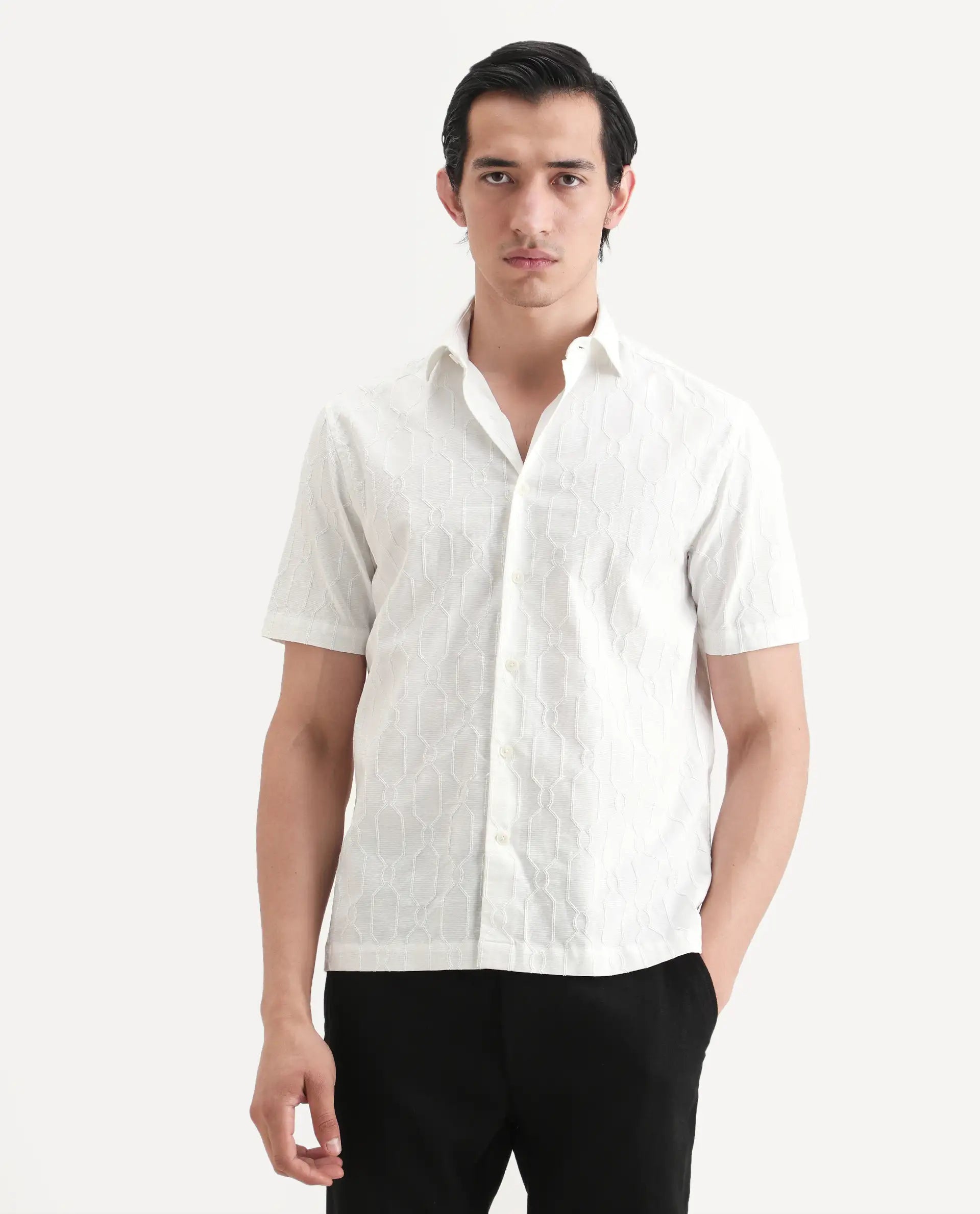 Rare Rabbit Men's Celle White Cotton Blend Fabric Half Sleeve Spread Collar Regular Fit Textured Shirt