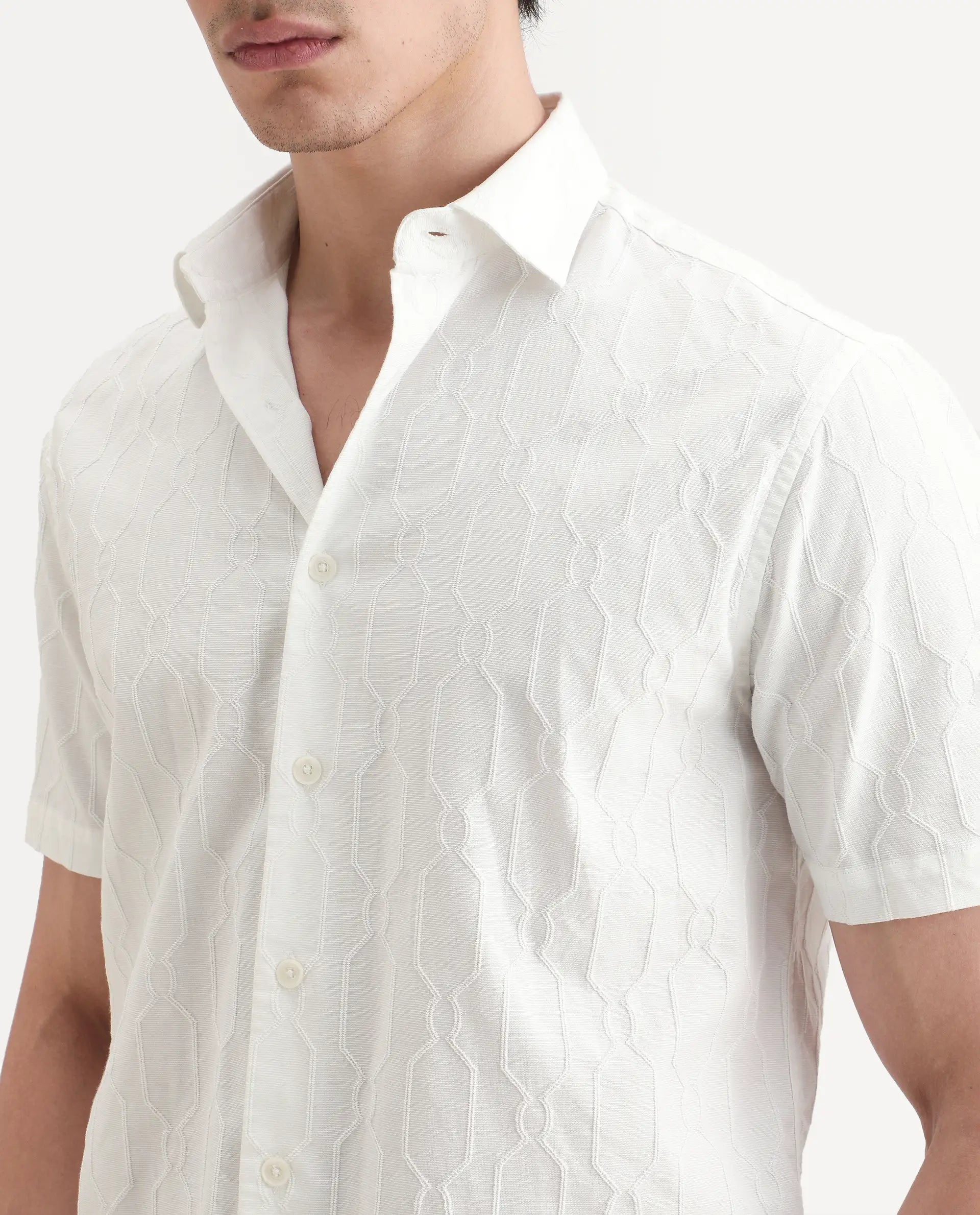 Rare Rabbit Men's Celle White Cotton Blend Fabric Half Sleeve Spread Collar Regular Fit Textured Shirt