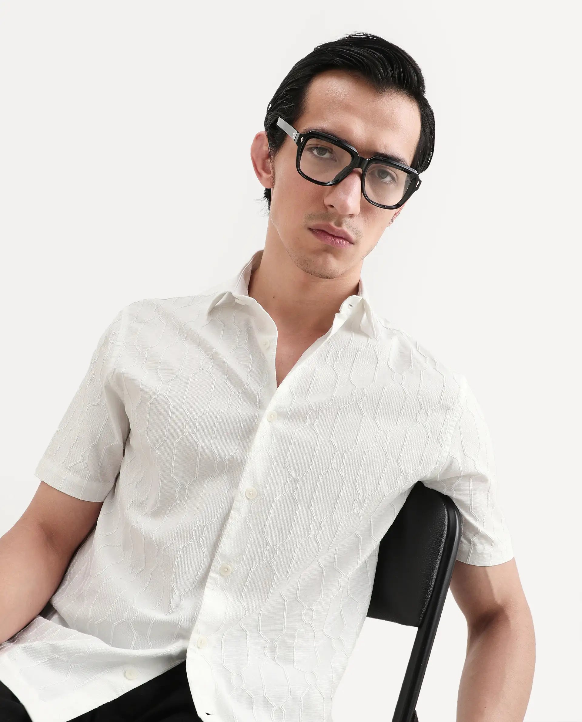 Rare Rabbit Men's Celle White Cotton Blend Fabric Half Sleeve Spread Collar Regular Fit Textured Shirt
