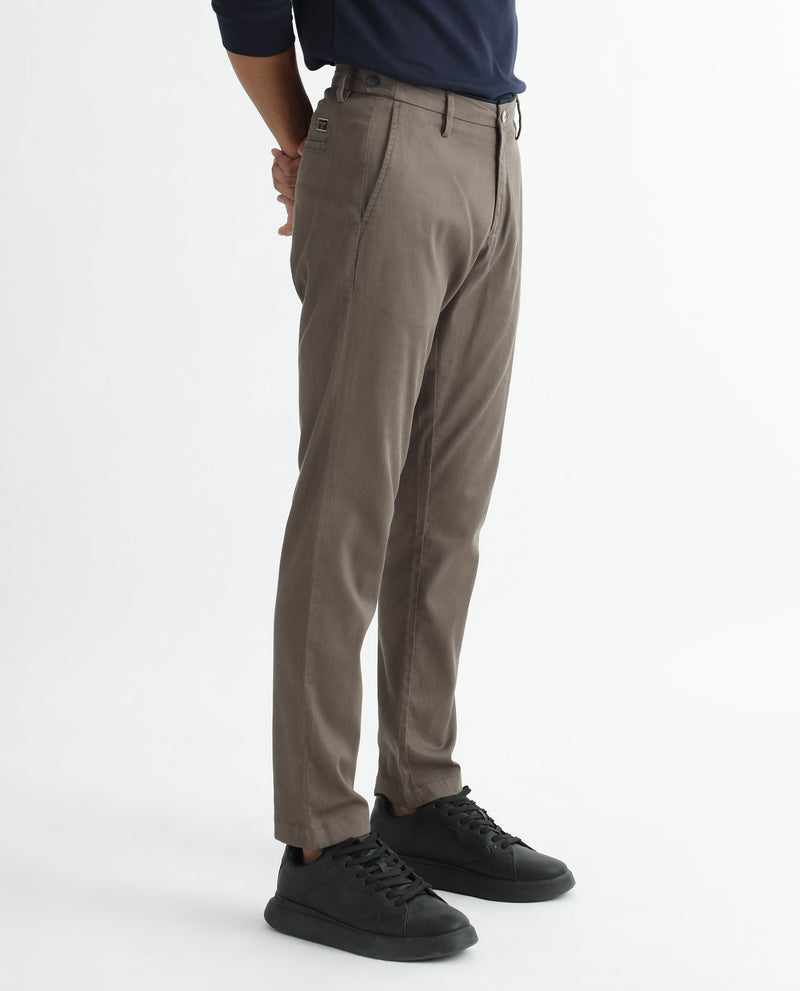 Rare Rabbit Men's Cellular Brown Solid Mid-Rise Regular Fit Twill Trouser