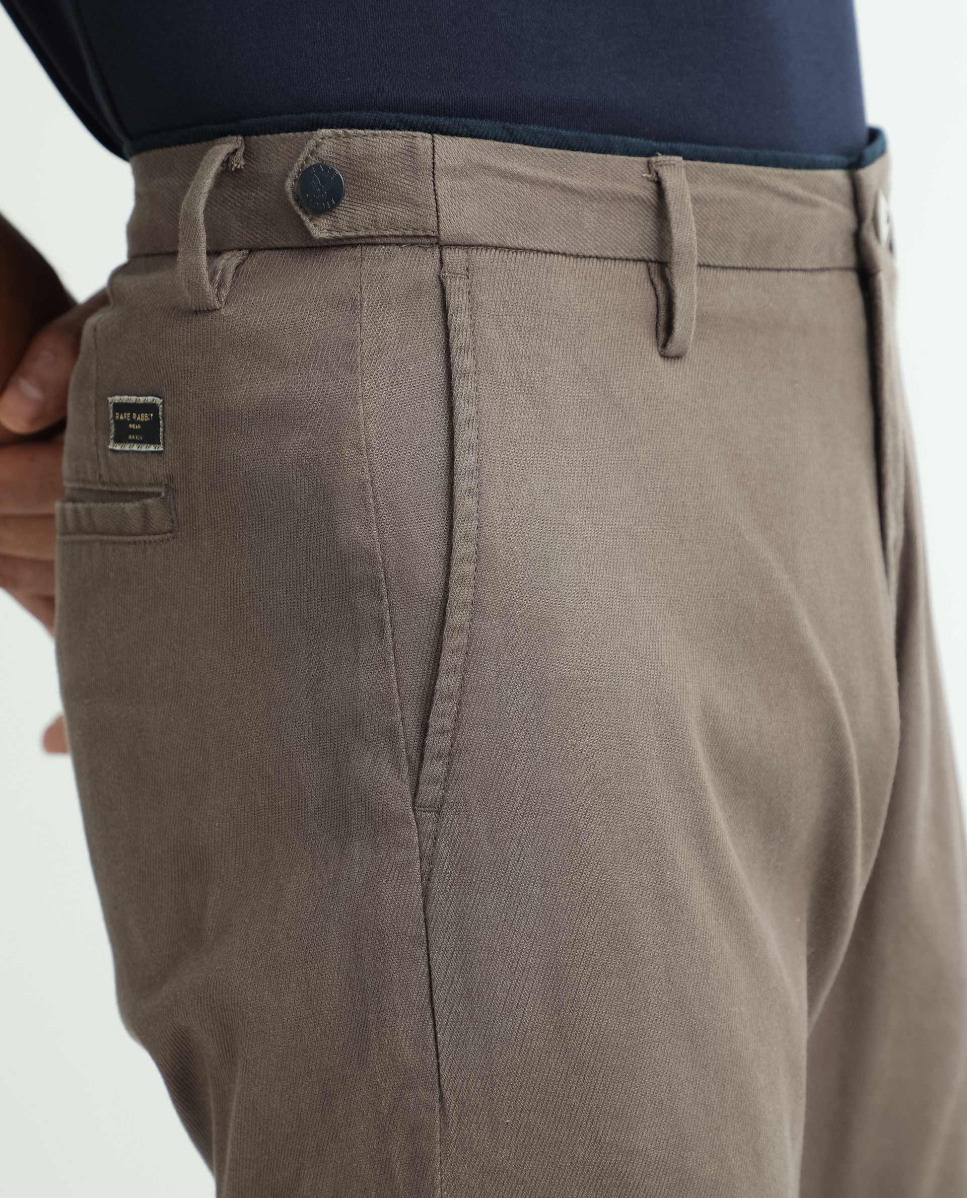 Rare Rabbit Men's Cellular Brown Solid Mid-Rise Regular Fit Twill Trouser