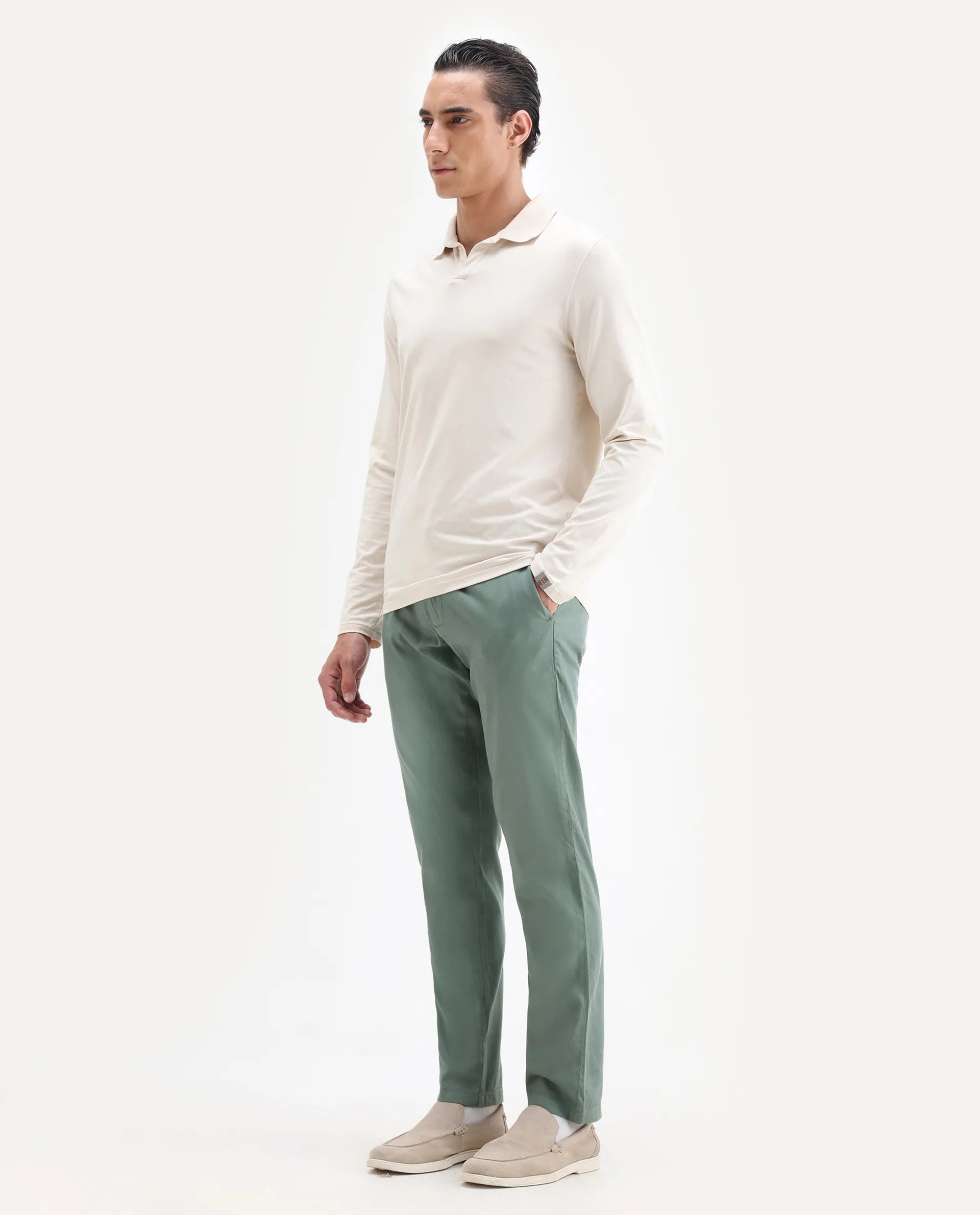 Rare Rabbit Men's Cellular Green Cotton Plain Regular Fit Trouser