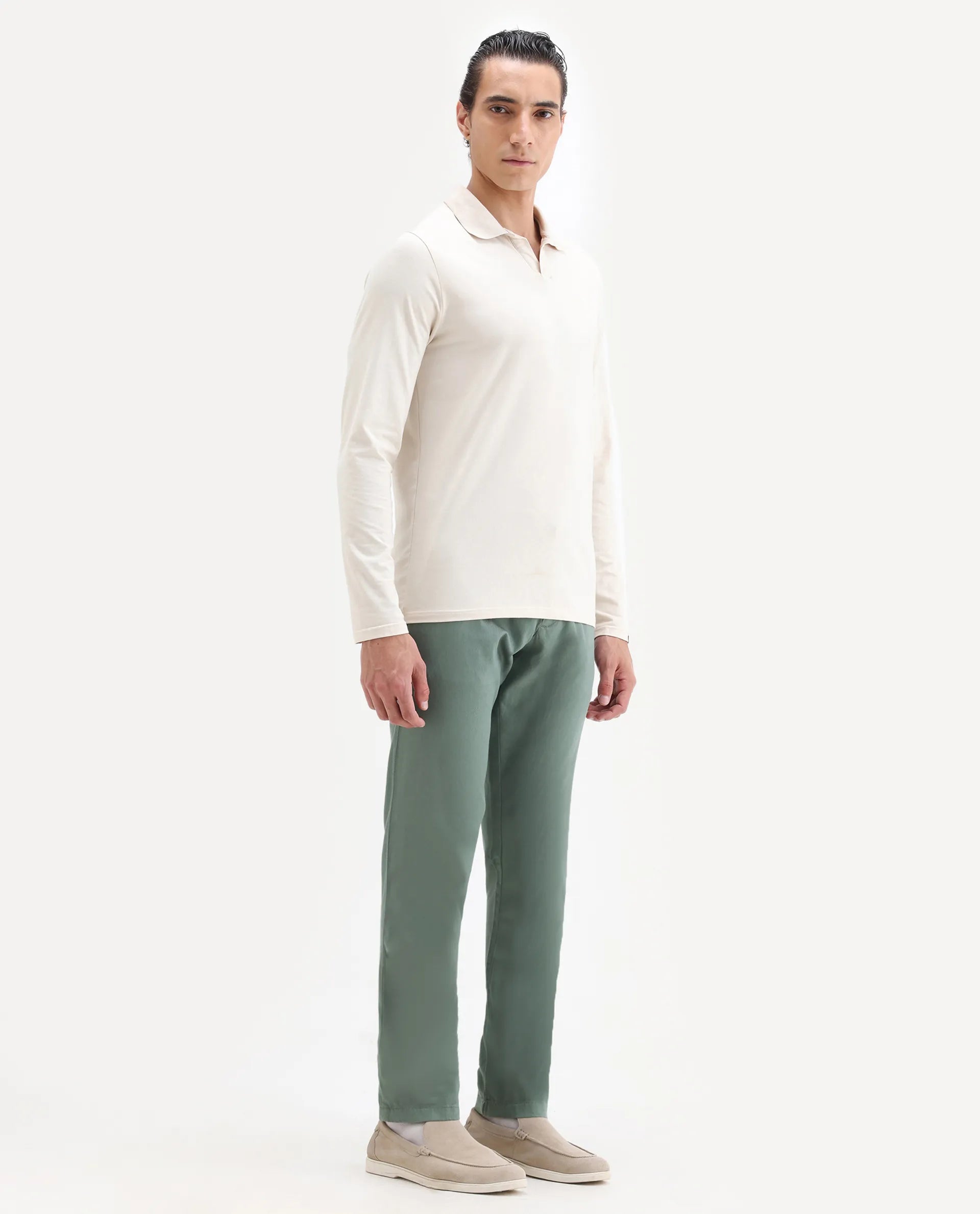Rare Rabbit Men's Cellular Green Cotton Plain Regular Fit Trouser