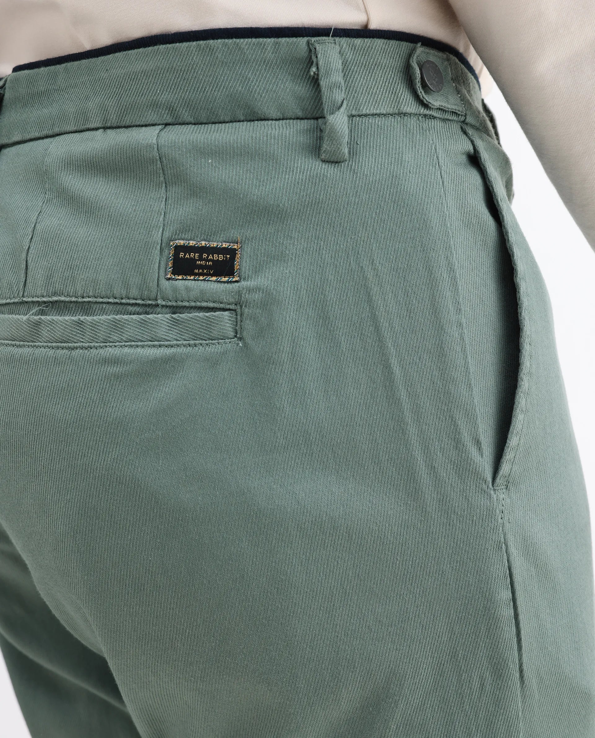 Rare Rabbit Men's Cellular Green Cotton Plain Regular Fit Trouser