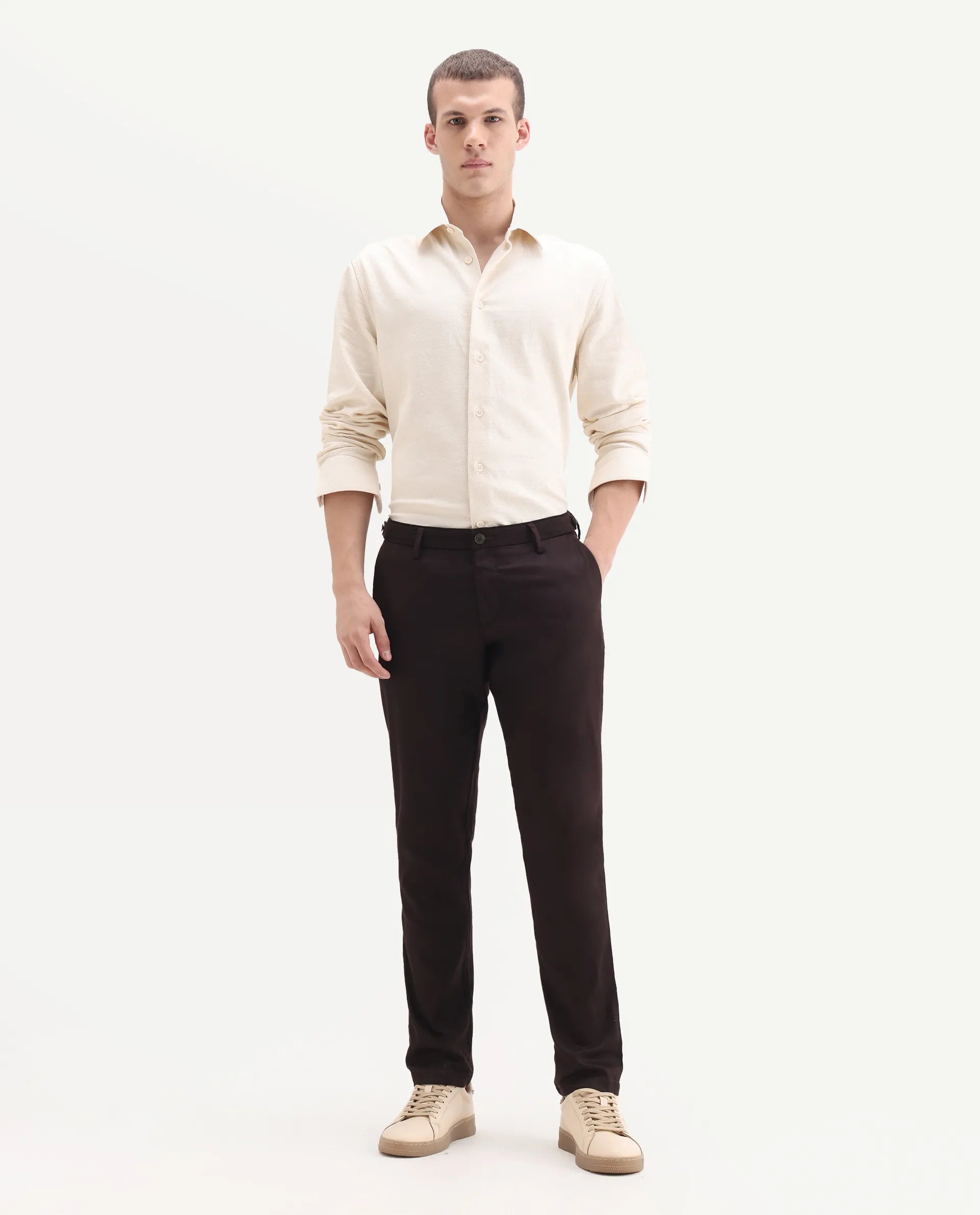 Rare Rabbit Men's Cellular Maroon Cotton Plain Regular Fit Trouser