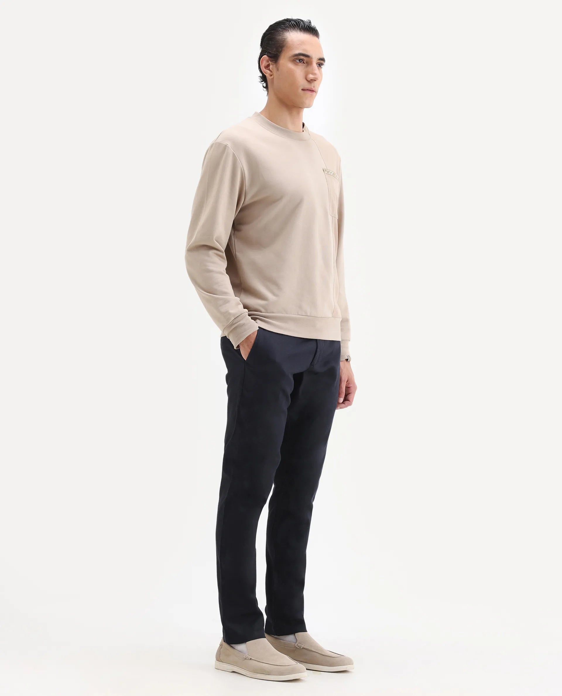 Rare Rabbit Men's Cellular Navy Cotton Plain Regular Fit Trouser