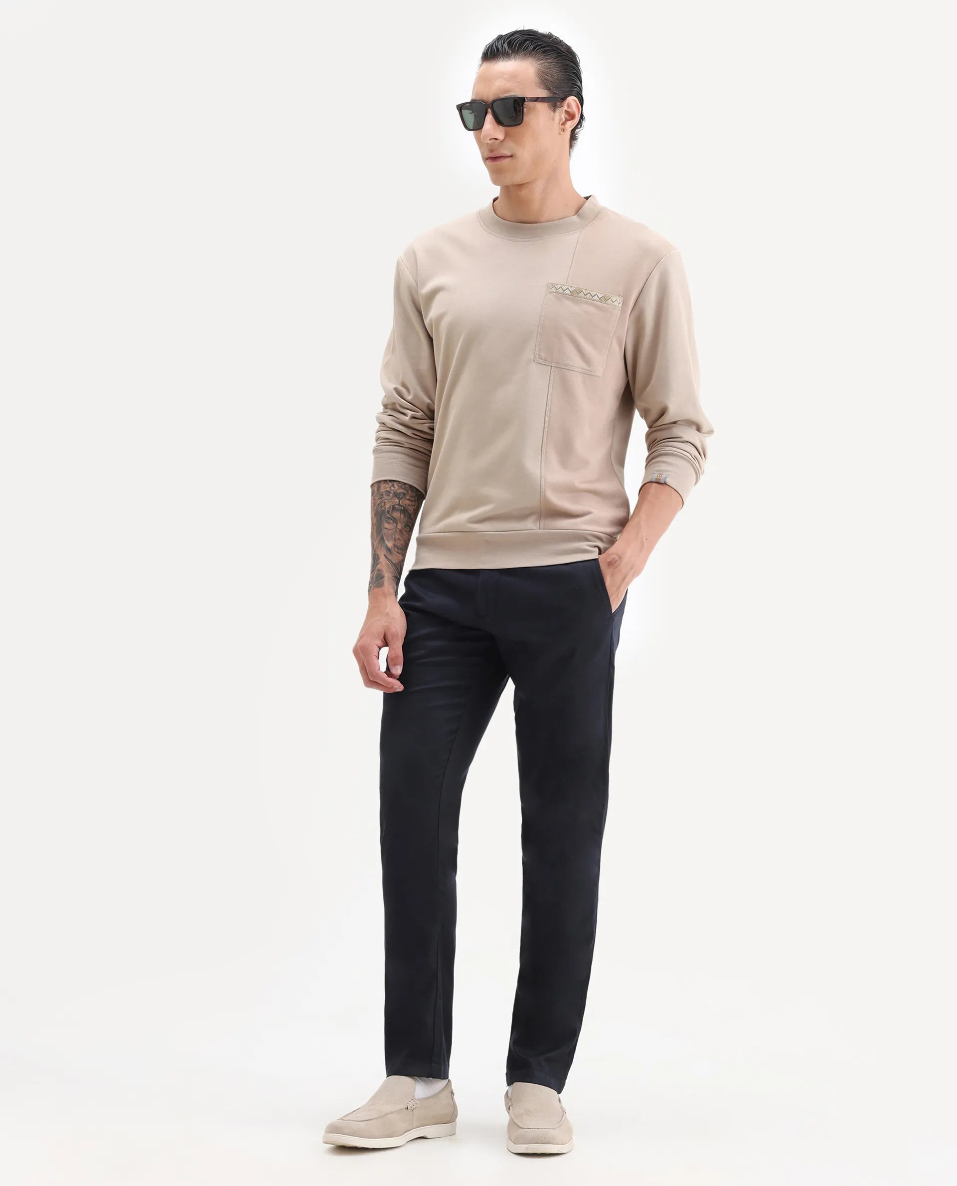 Rare Rabbit Men's Cellular Navy Cotton Plain Regular Fit Trouser