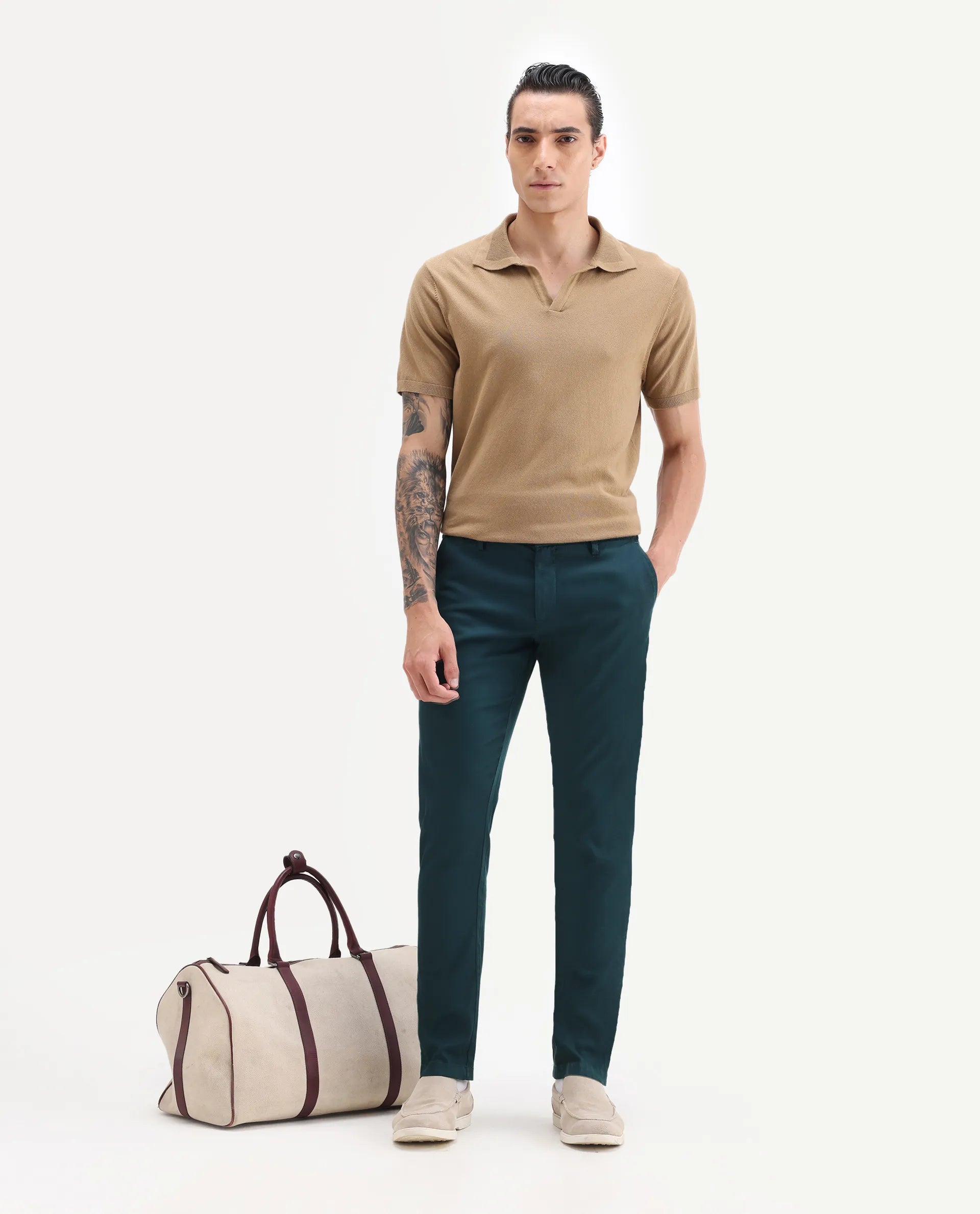 Rare Rabbit Men's Cellular Petrol Cotton Plain Regular Fit Trouser