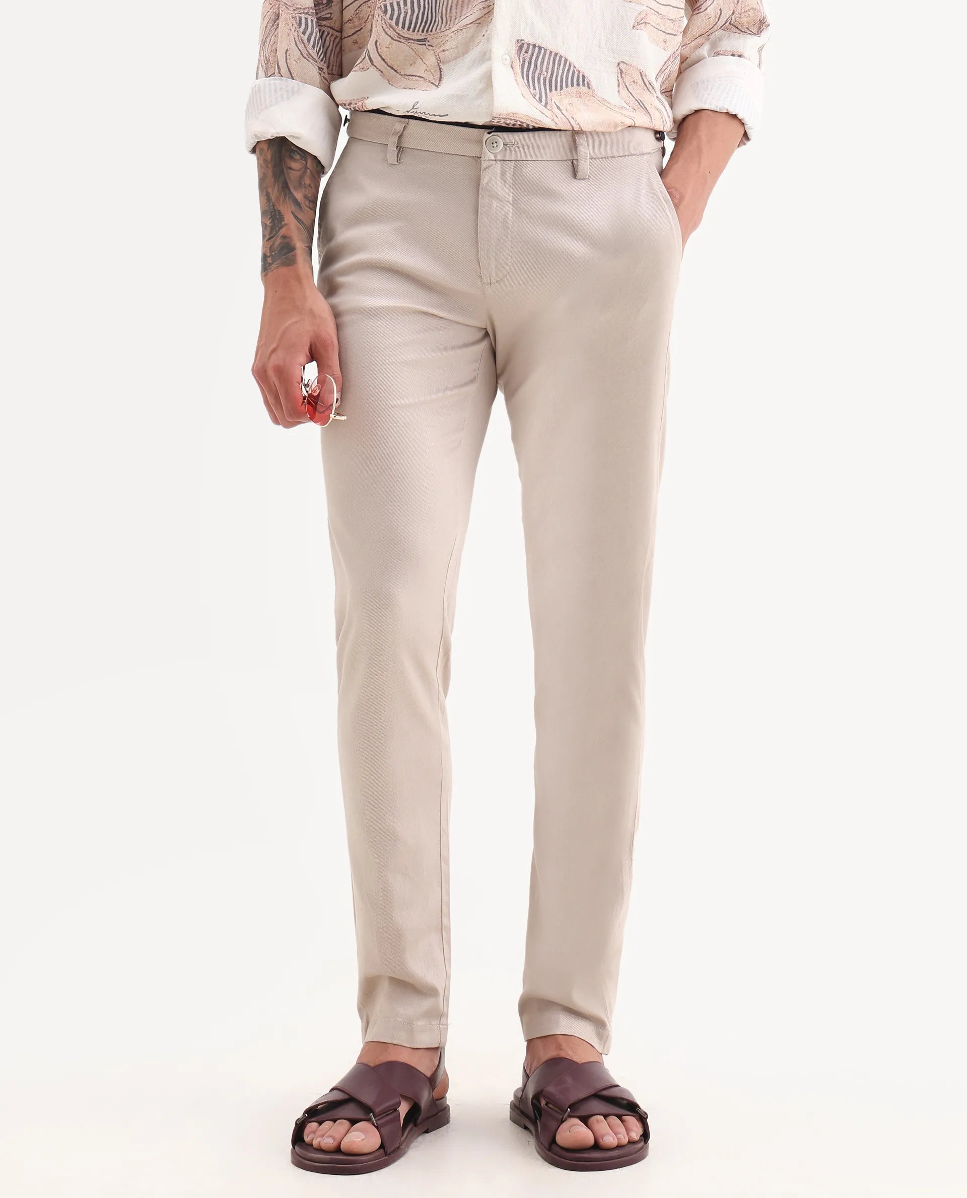 Rare Rabbit Men's Cellular Light Pink Cotton Plain Regular Fit Trouser