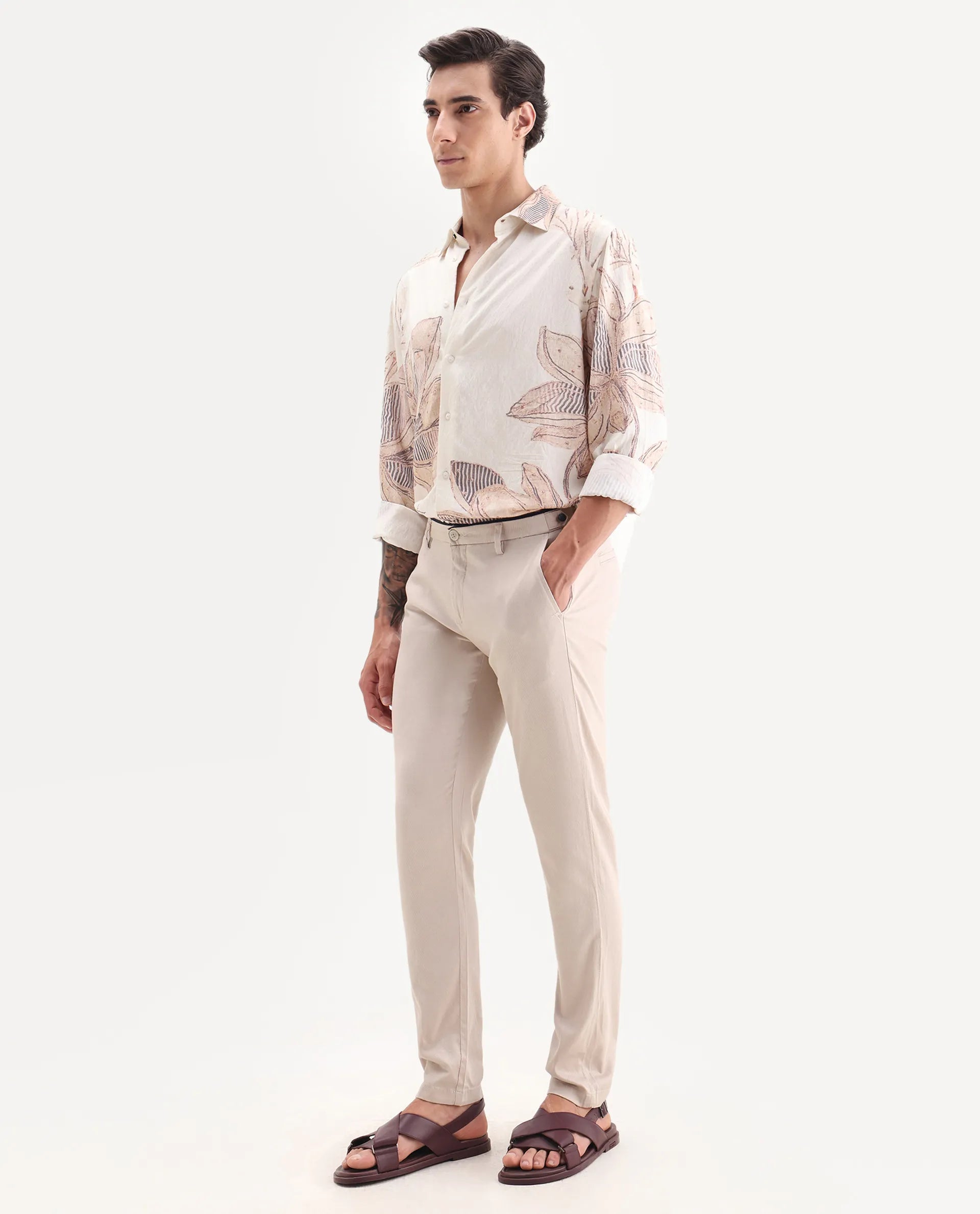 Rare Rabbit Men's Cellular Light Pink Cotton Plain Regular Fit Trouser