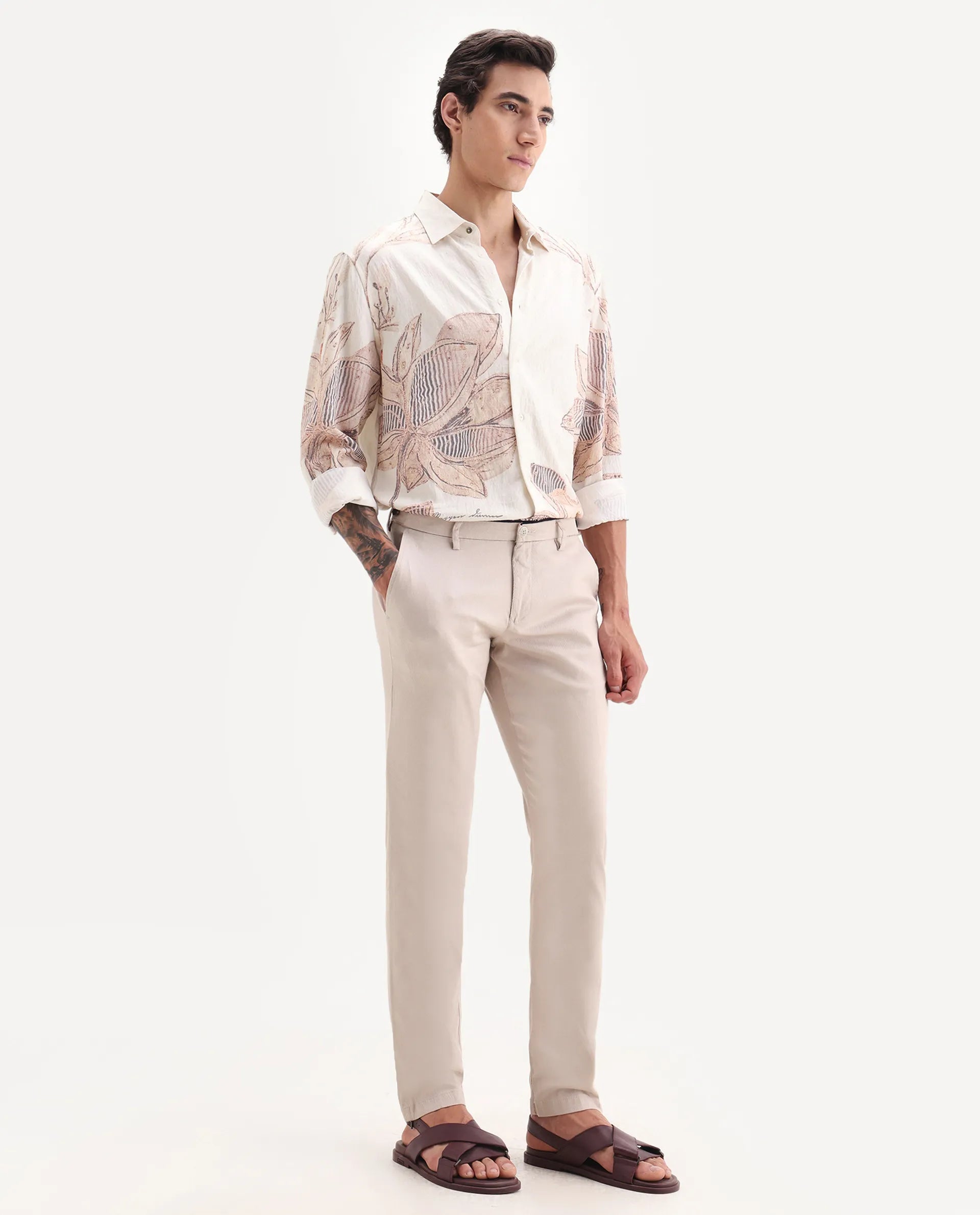 Rare Rabbit Men's Cellular Light Pink Cotton Plain Regular Fit Trouser