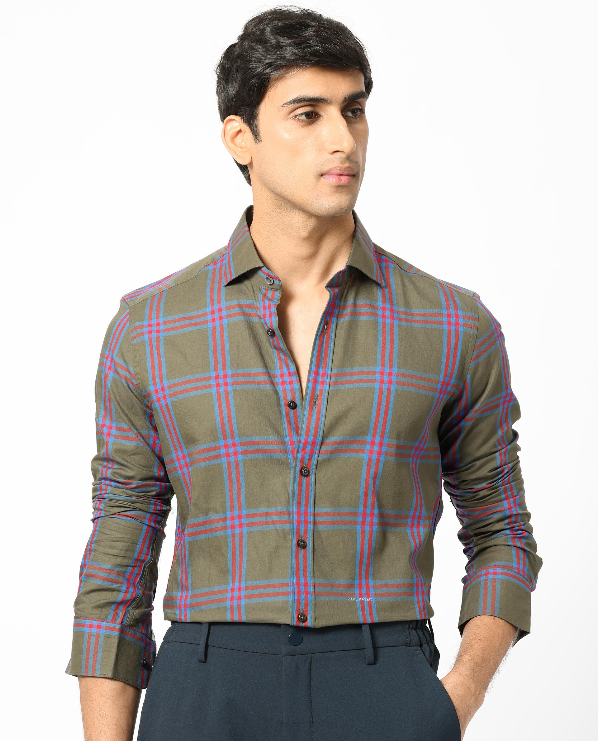 Rare Rabbit Men's Celluls Olive Cotton Fabric Full Sleeves Checks Shirt