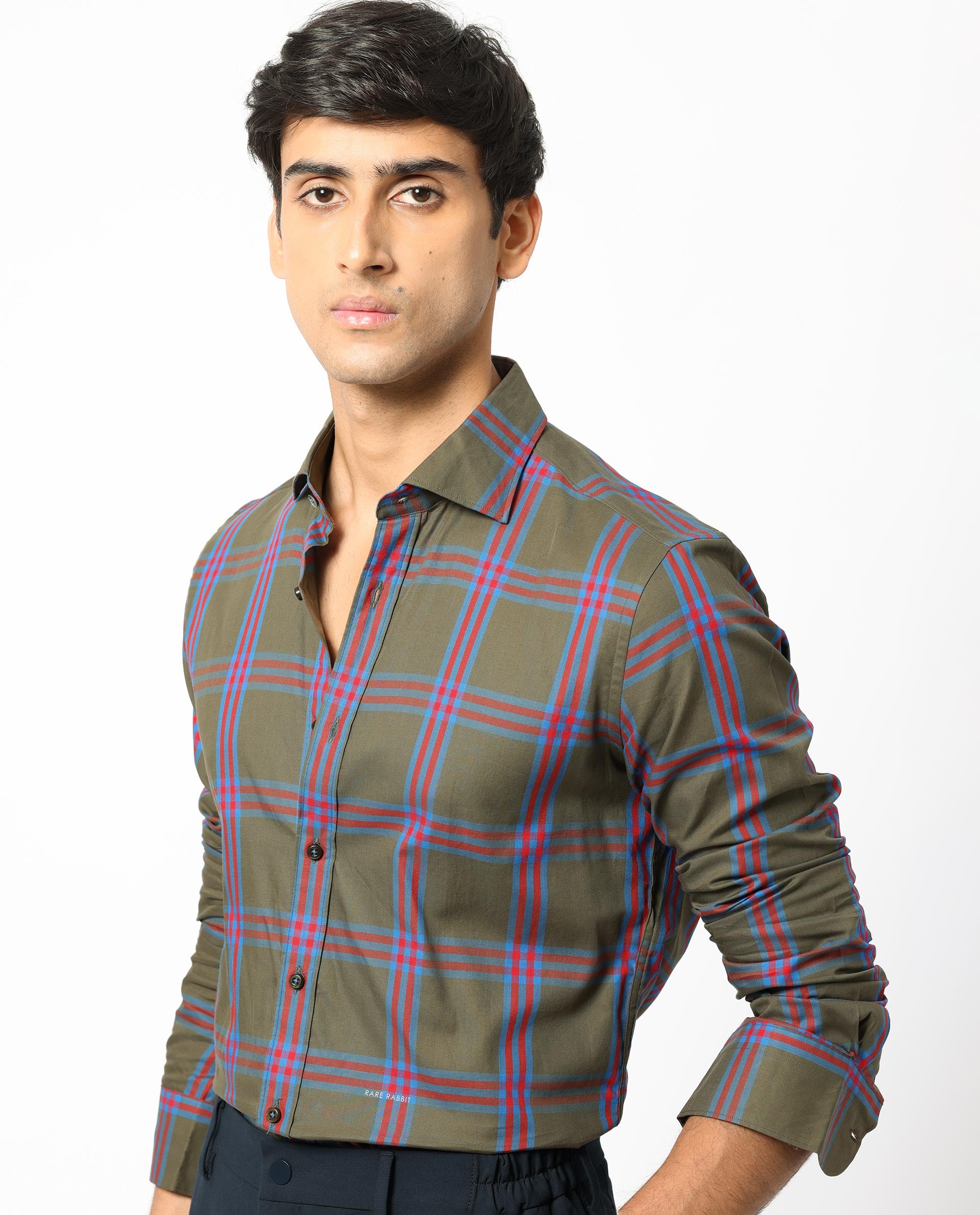 Rare Rabbit Men's Celluls Olive Cotton Fabric Full Sleeves Checks Shirt