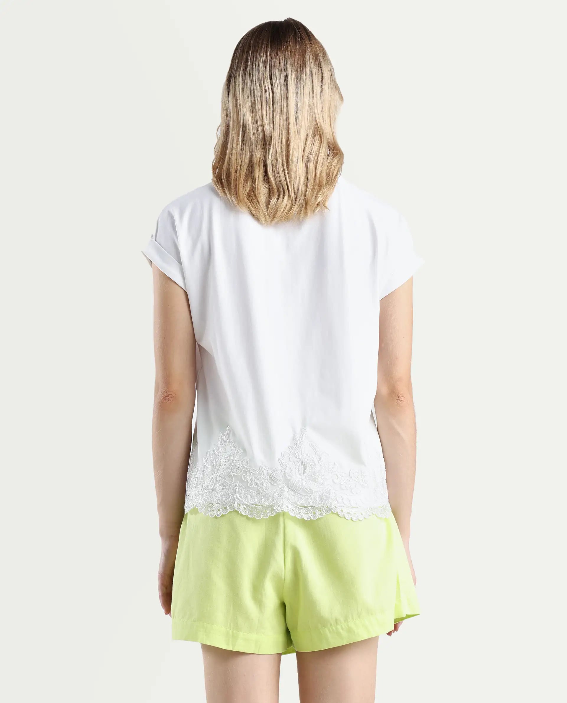 Rareism Women's Celo White Cotton Blend Crew Neck Regular Fit T-Shirt