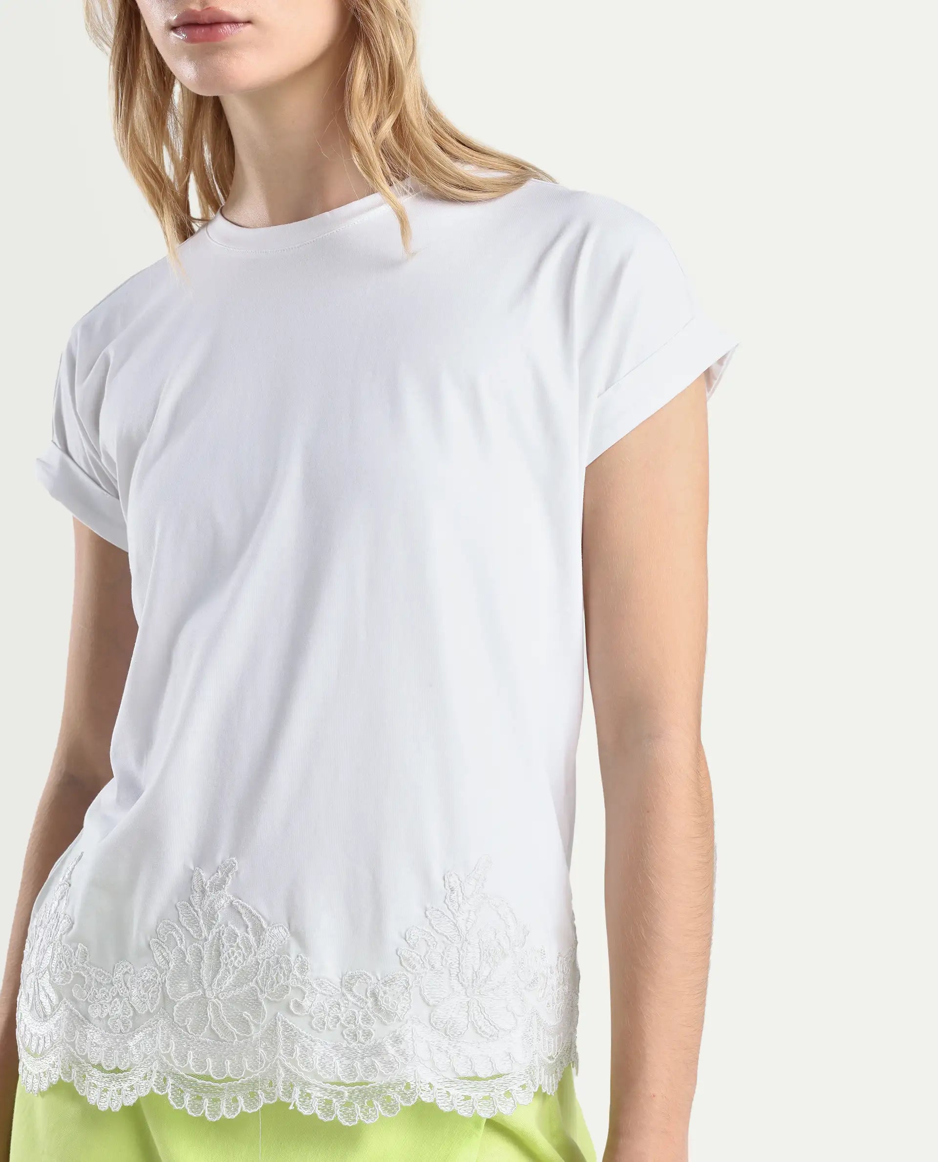 Rareism Women's Celo White Cotton Blend Crew Neck Regular Fit T-Shirt