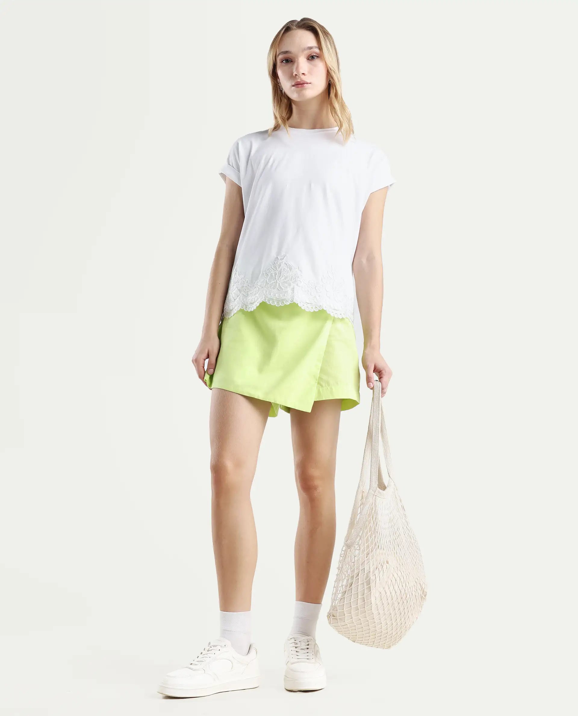 Rareism Women's Celo White Cotton Blend Crew Neck Regular Fit T-Shirt