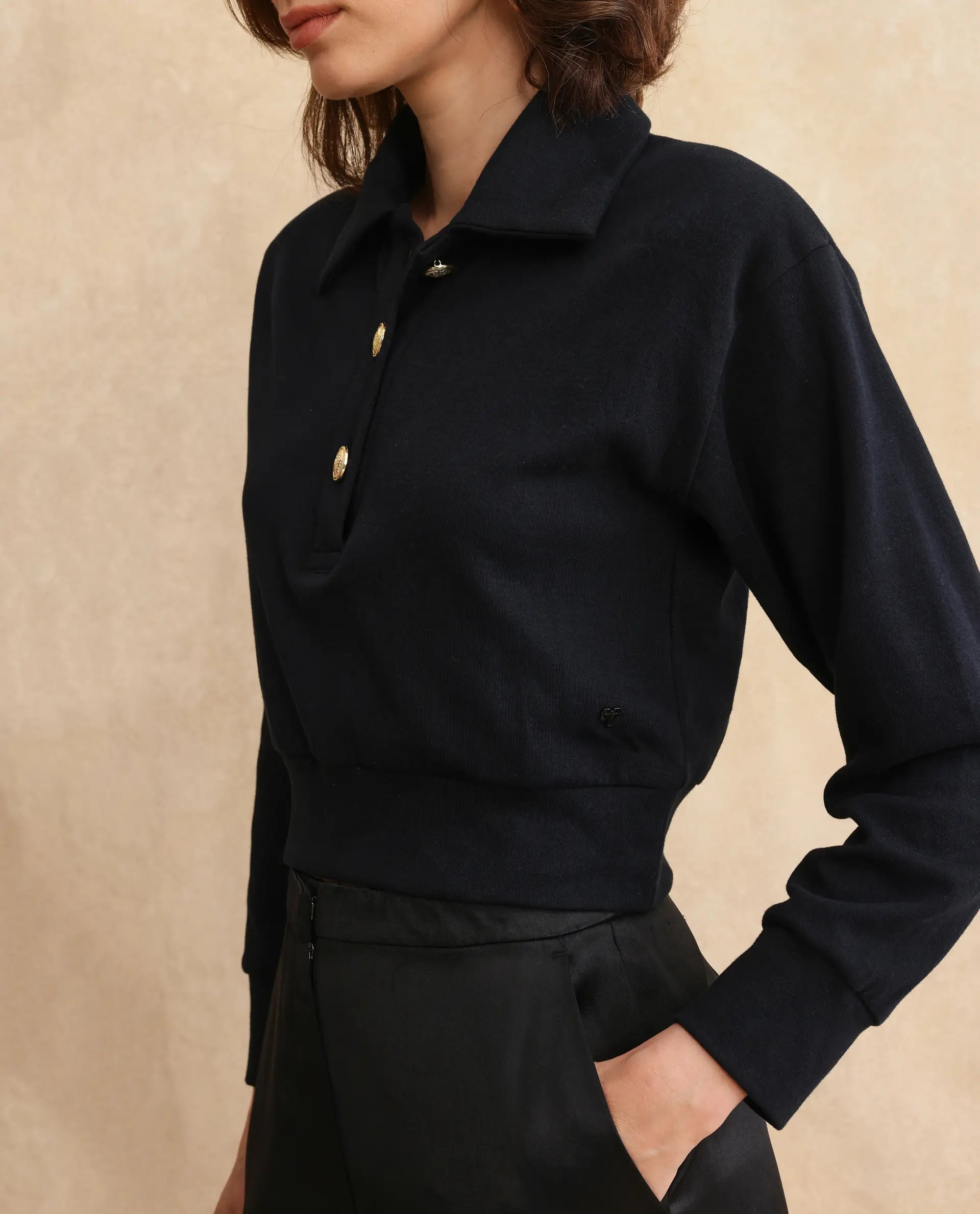 Rareism Women Celtik Black Cotton Blend Fabric Full Sleeve Collared Neck Button Closure Relaxed Fit Cropped Plain Sweatshirt