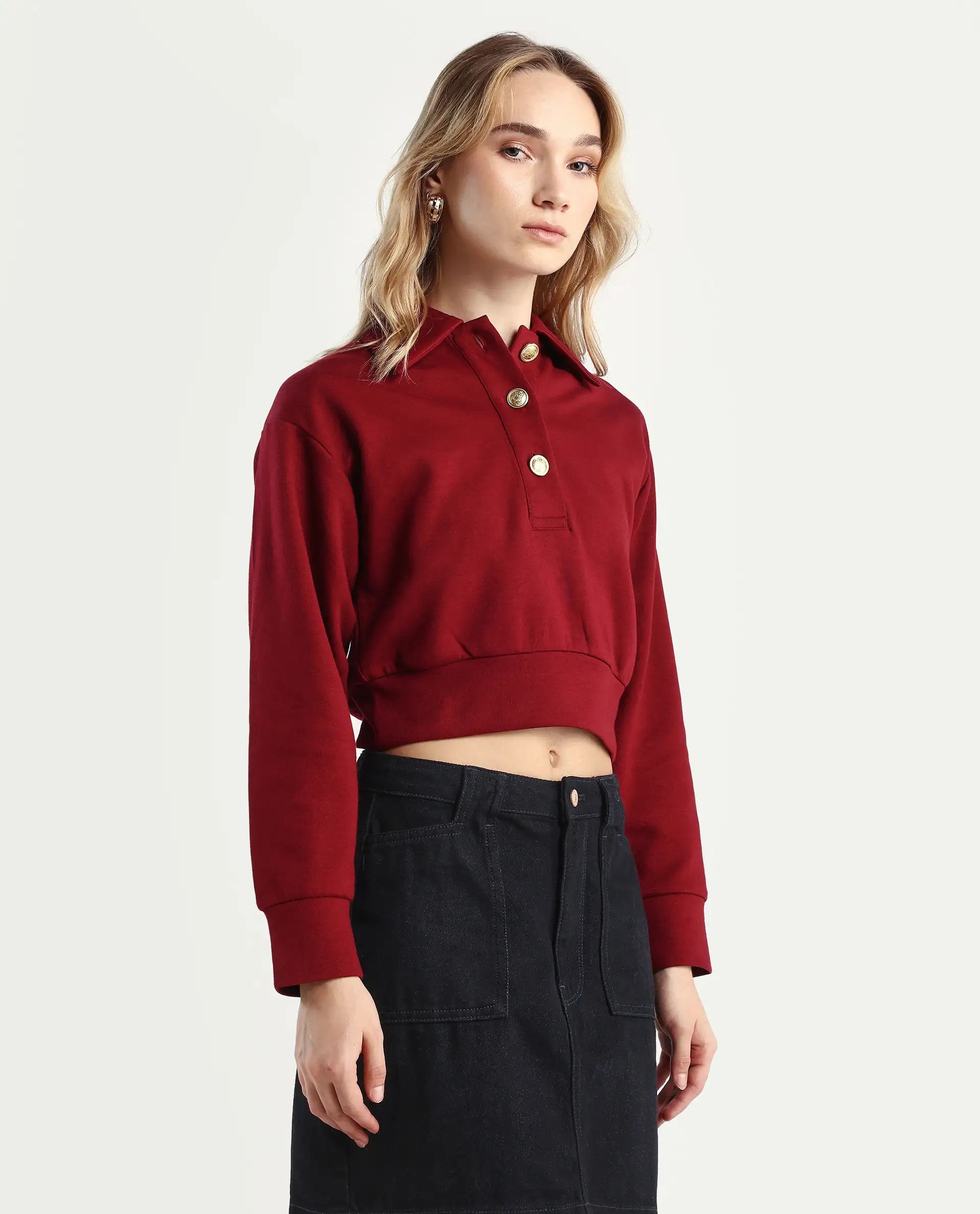 Rareism Women's Celtik Maroon Cotton Blend Drop Collar Plain Crop Relaxed Fit Sweatshirt
